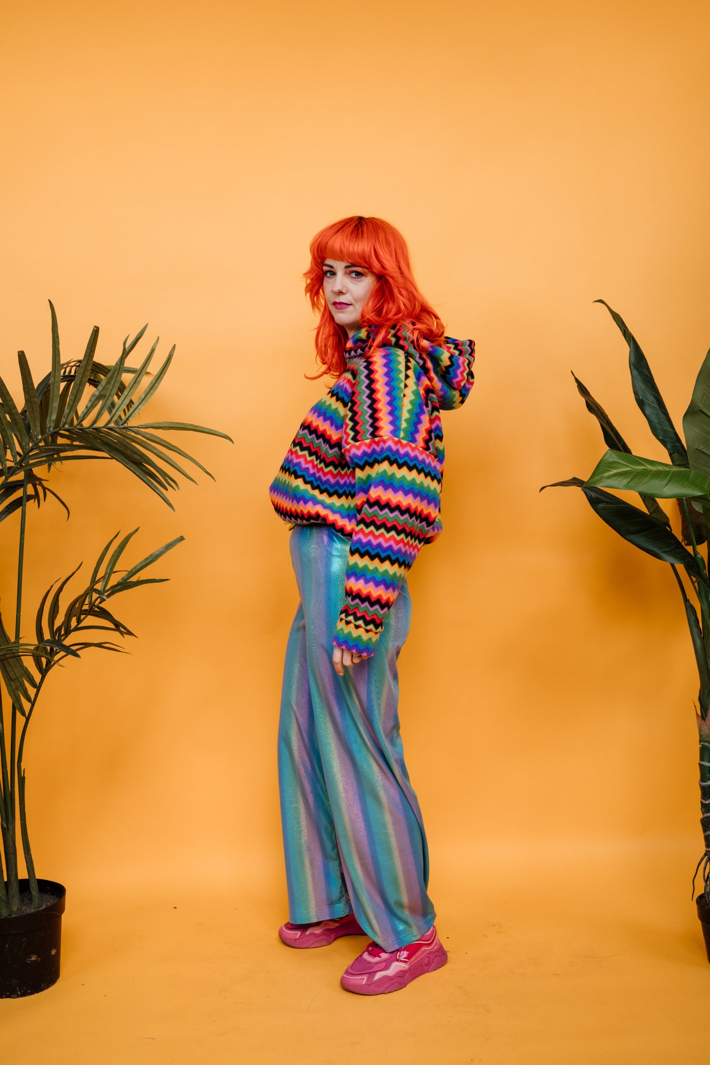 Hooded Batwing Pullover in Rainbow Chevron