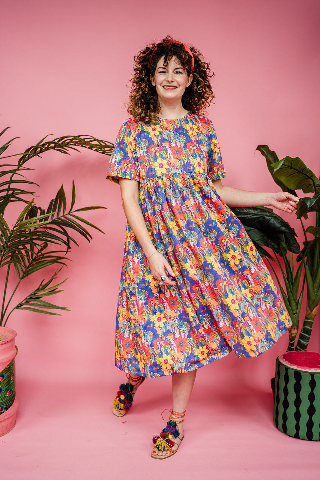 Midi Smock Dress in Rainbow Floral