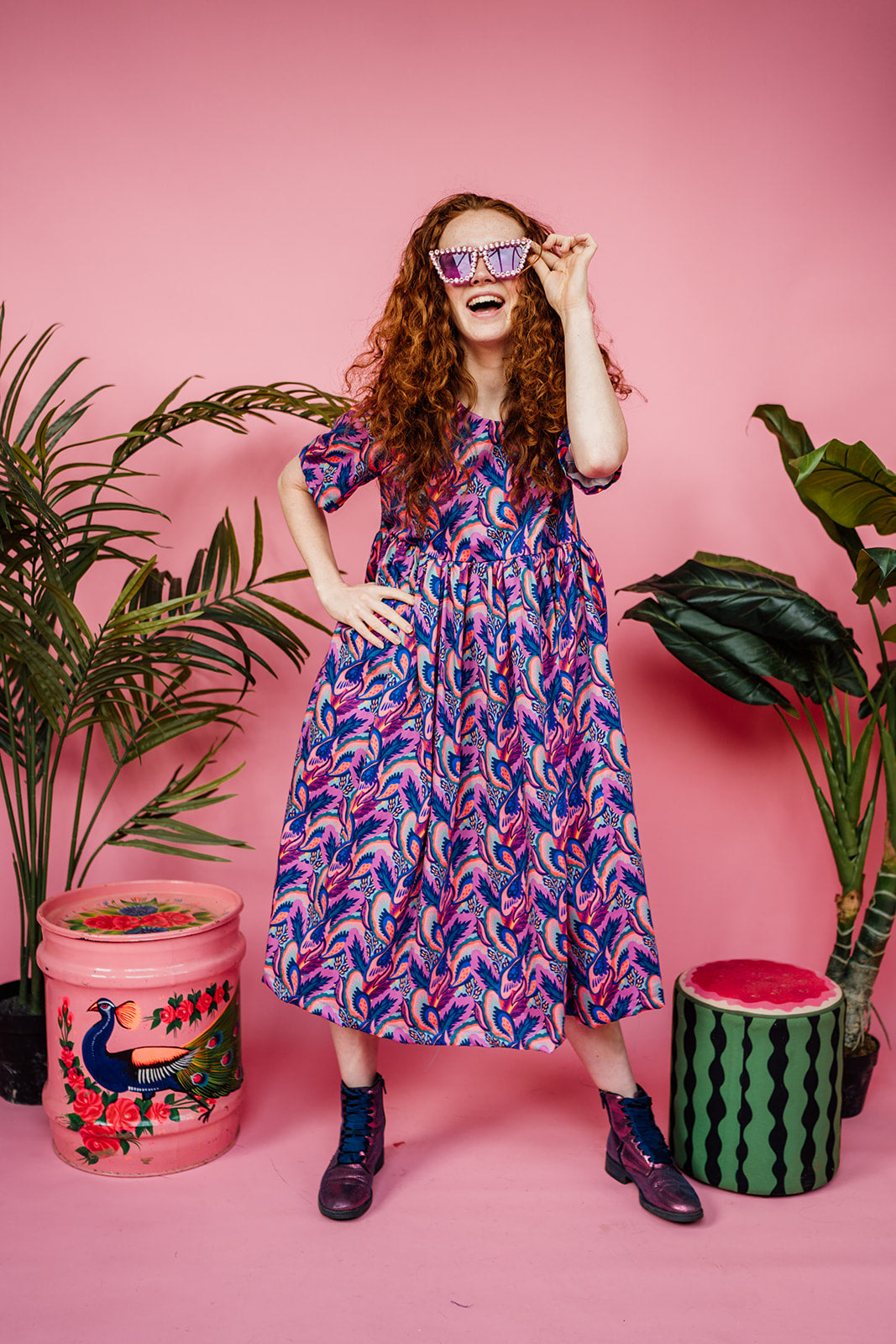 Midi Smock Dress in Purple Garden