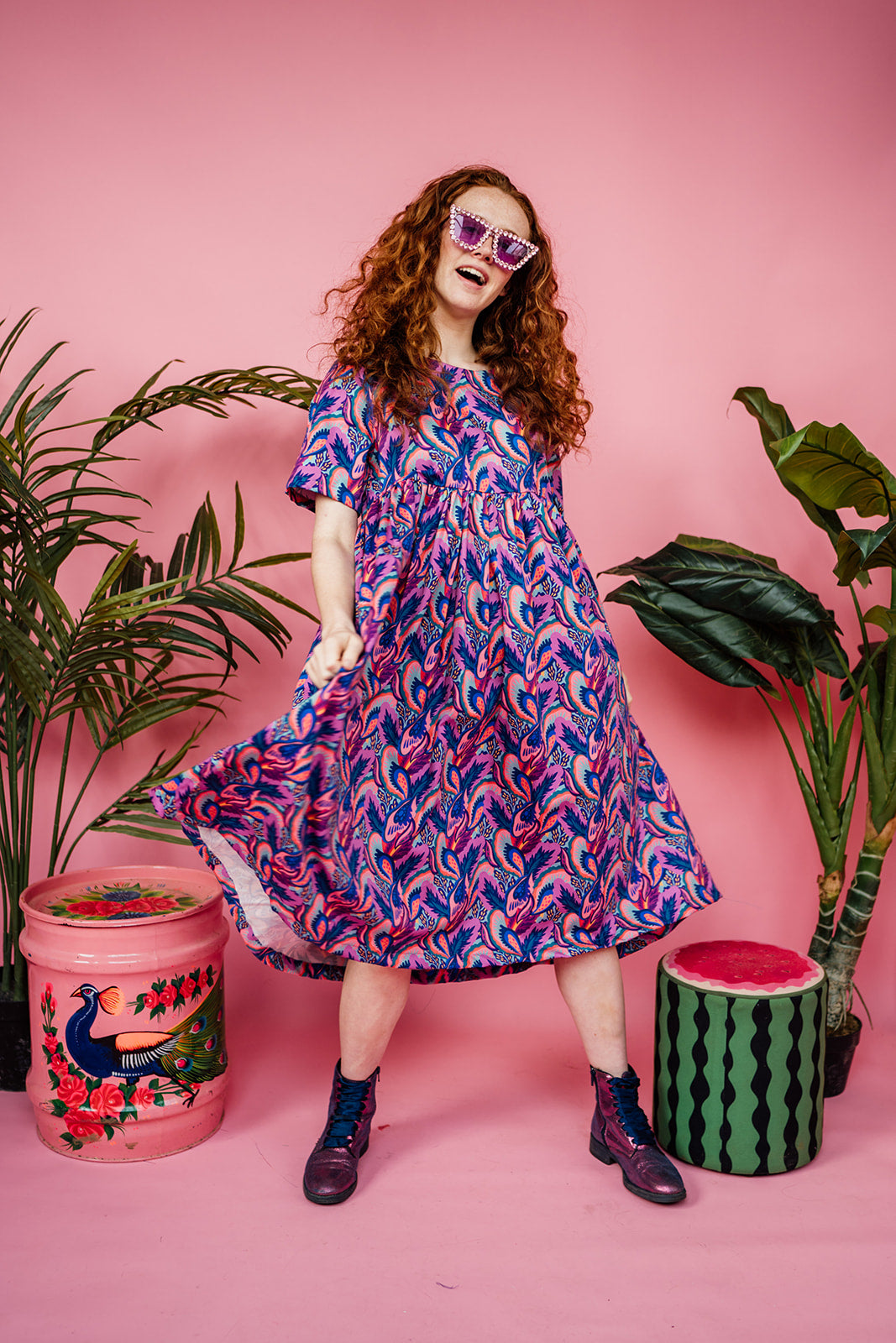 Midi Smock Dress in Purple Garden