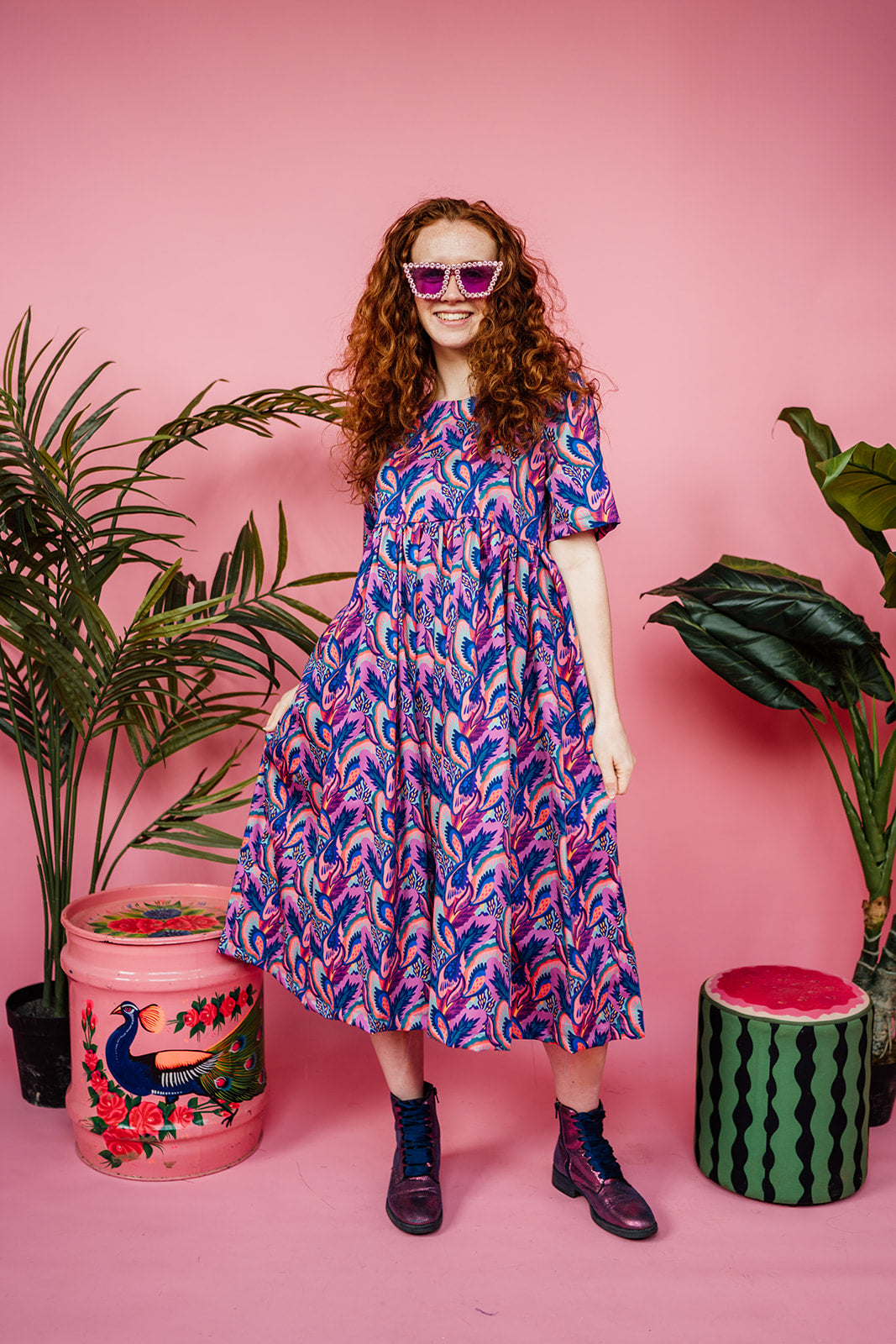 Midi Smock Dress in Purple Garden