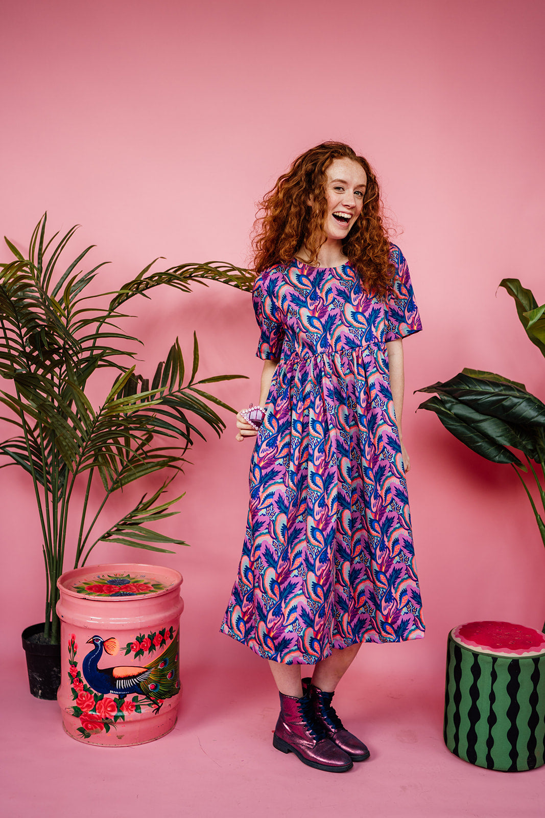 Midi Smock Dress in Purple Garden