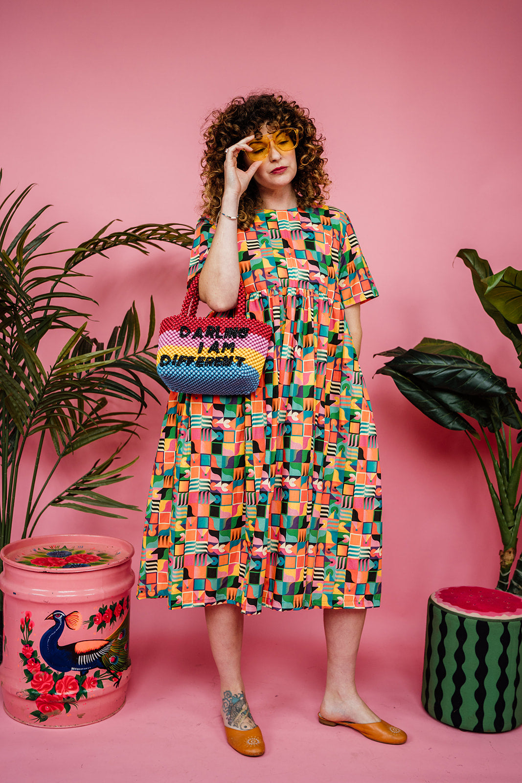 * Midi Smock Dress in Rainbow Squares * Midi Smock Dress in Rainbow Squares