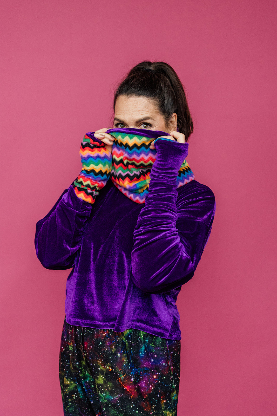 Reversible Fleece & Velvet Snood in Rainbow Chevron
