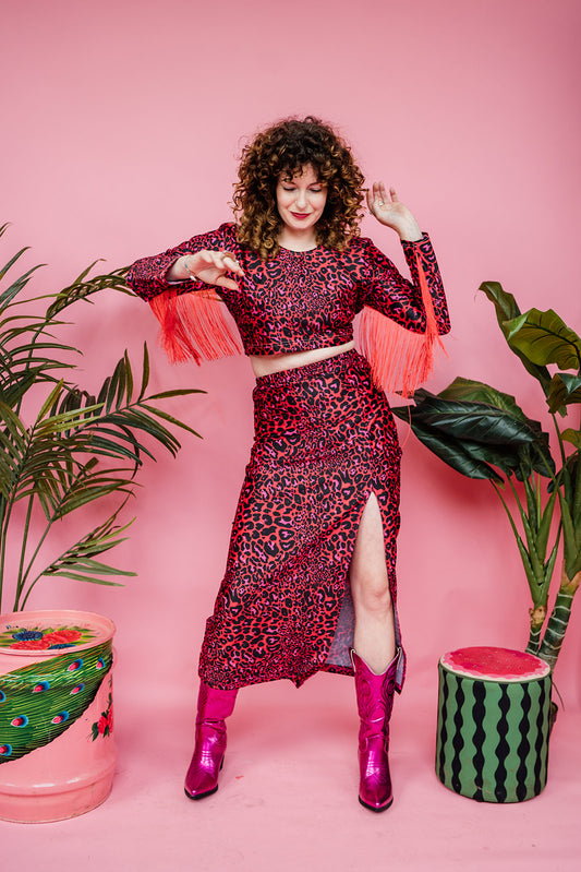 * Eco Fringe Crop Top in Red Leopard