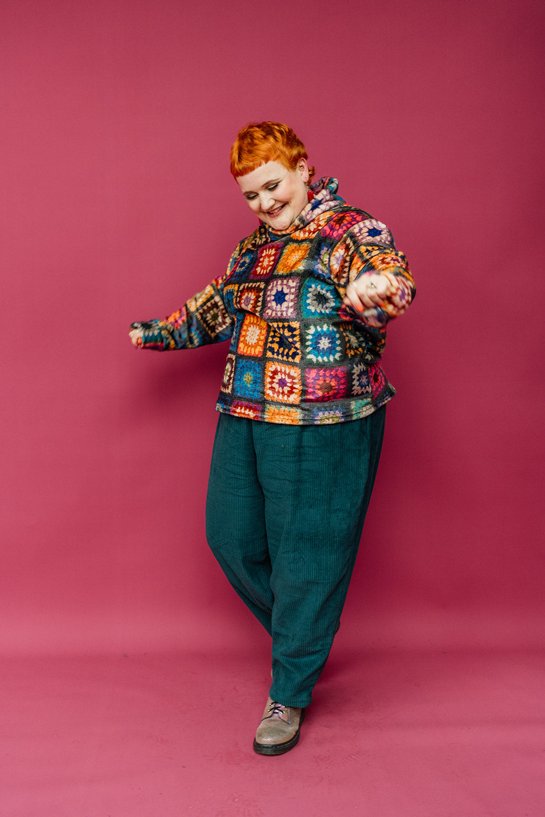 * Funnel Neck Pullover in Crochet Print