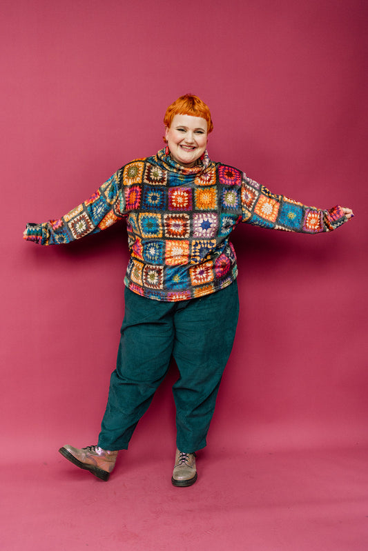 * Funnel Neck Pullover in Crochet Print