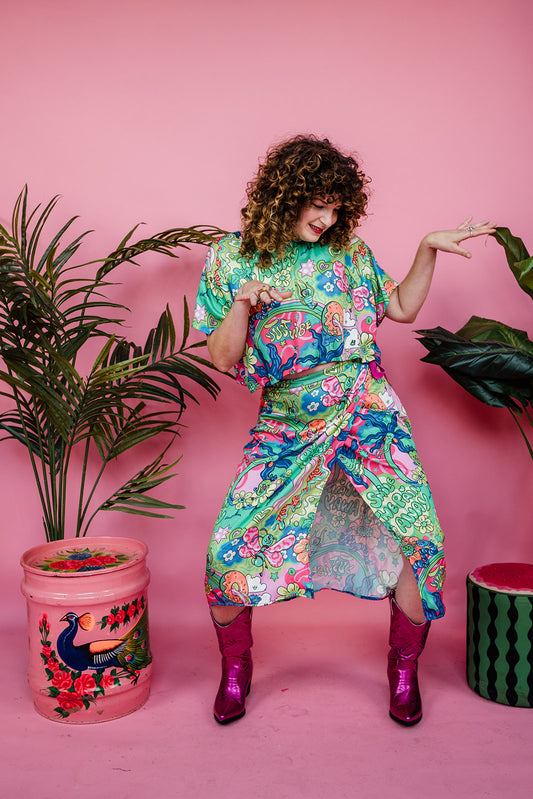 Midi Wrap Skirt in Smile the Pain Away Print