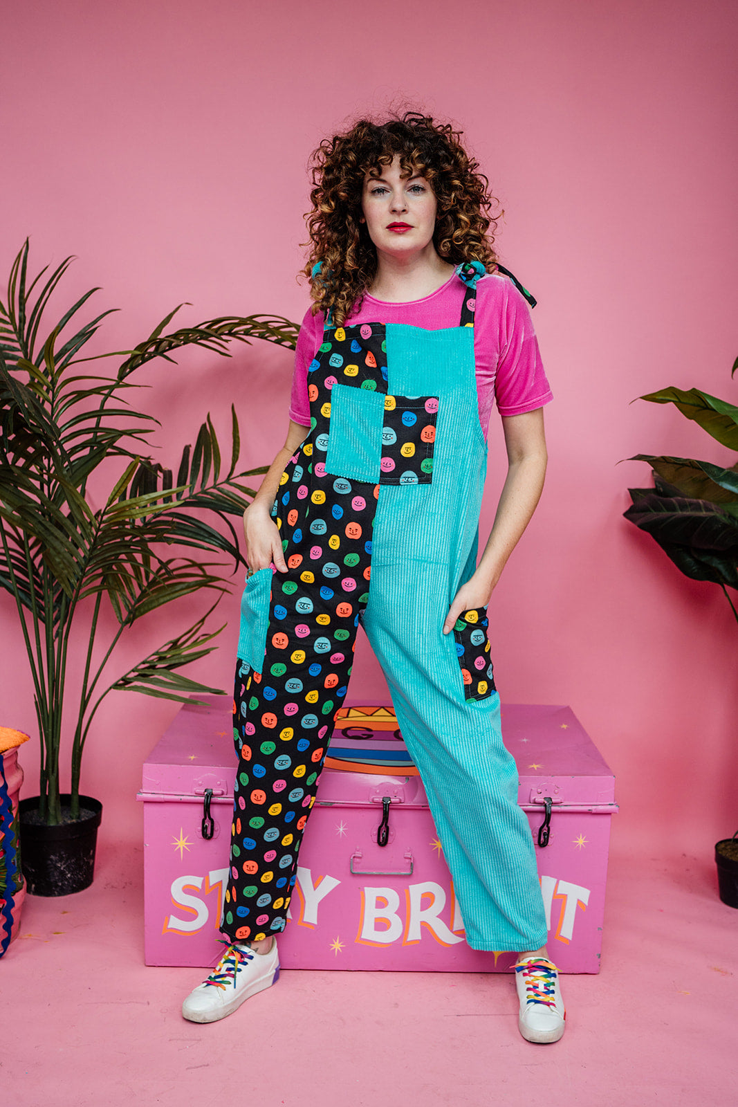 Cord Clash Dungarees in Smiley Faces