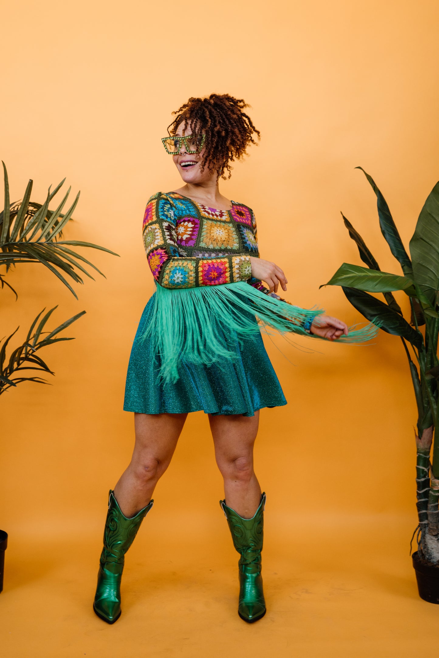 Fringe Crop Top in Green Granny Square Print + 1 Colour