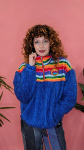 Half-Zip Pullover in Rainbow Stripe and Blue Teddy