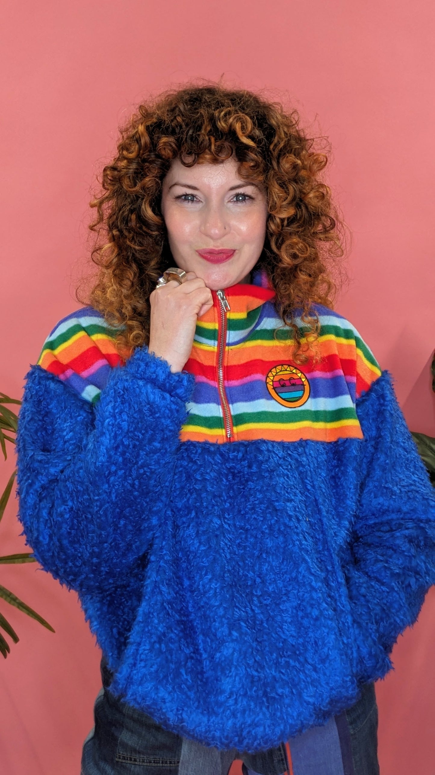 Half-Zip Pullover in Rainbow Stripe and Blue Teddy