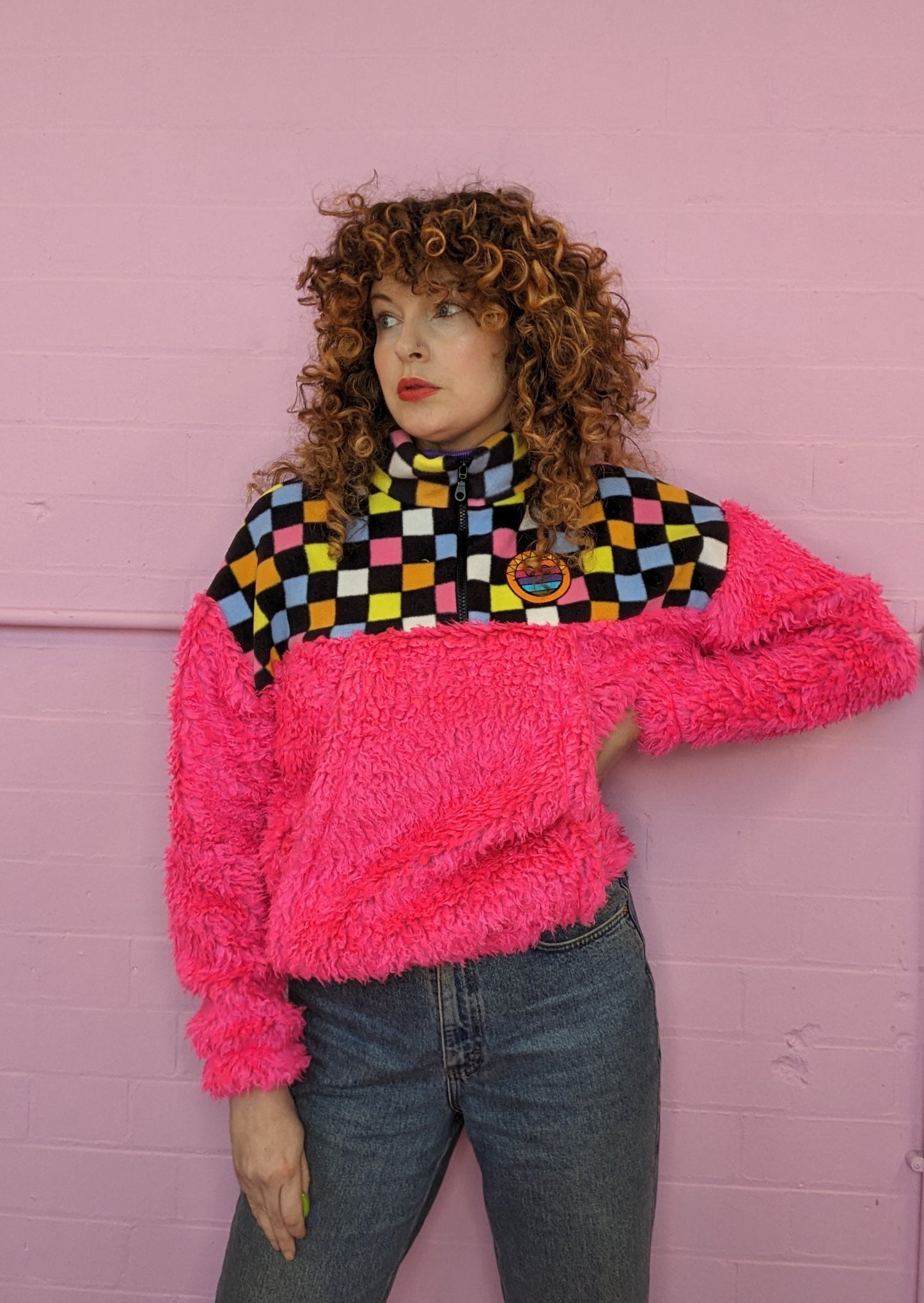 Half-Zip Pullover in Liqourice Allsorts and Pink Teddy