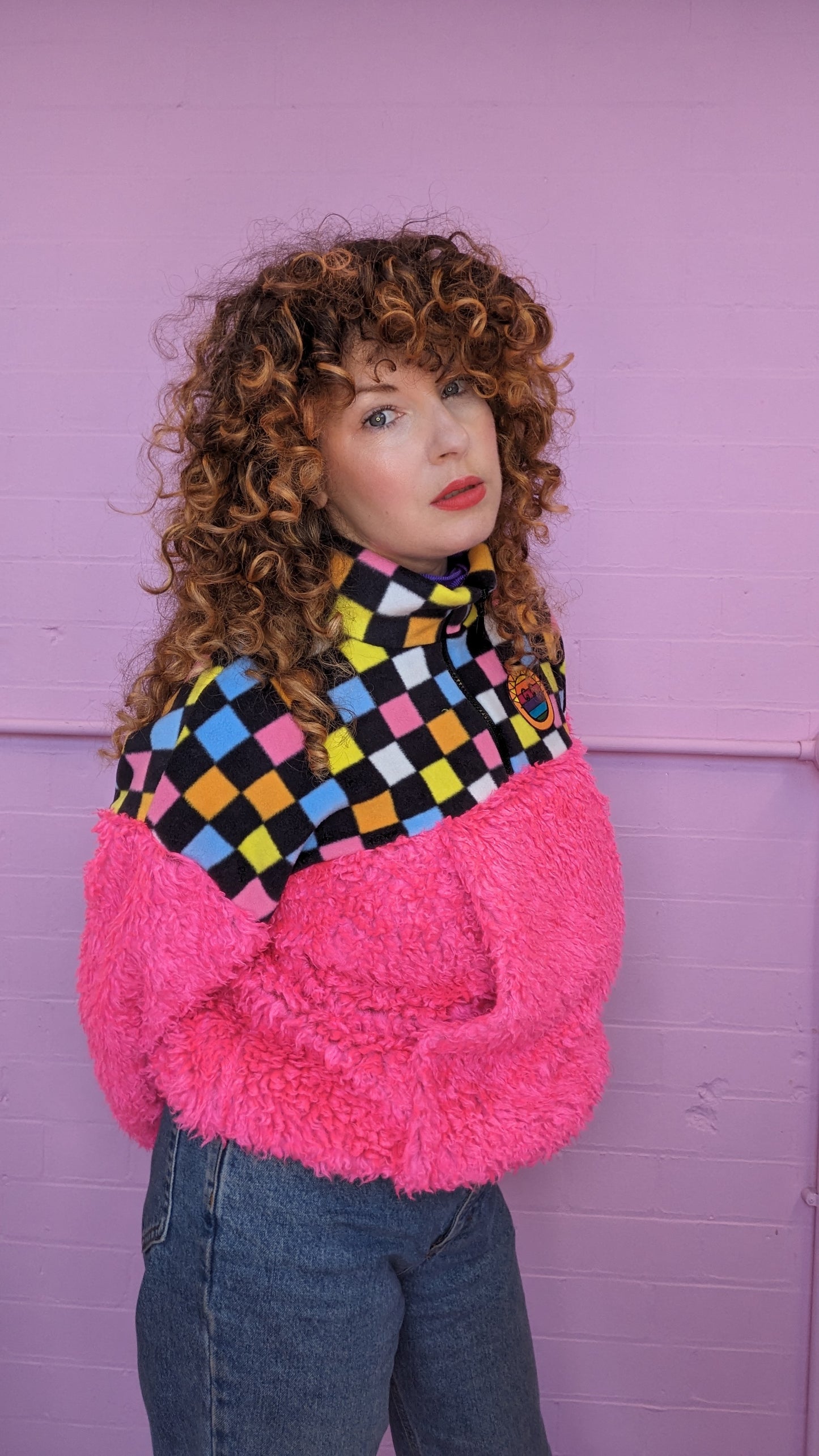Half-Zip Pullover in Liqourice Allsorts and Pink Teddy