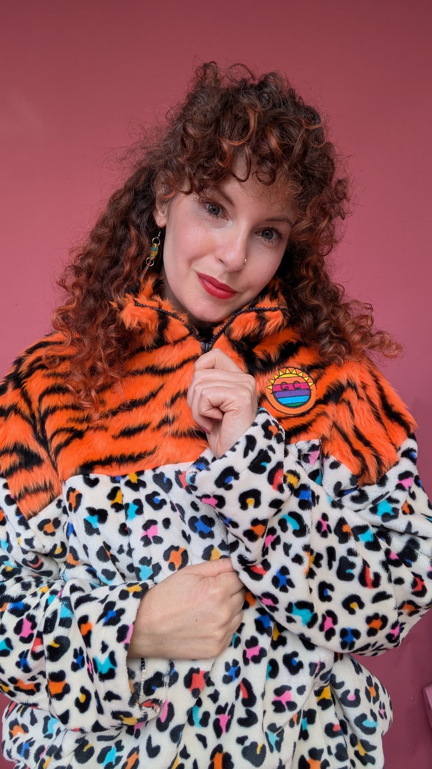 Half-Zip Pullover in Rainbow Leopard and Orange Tiger