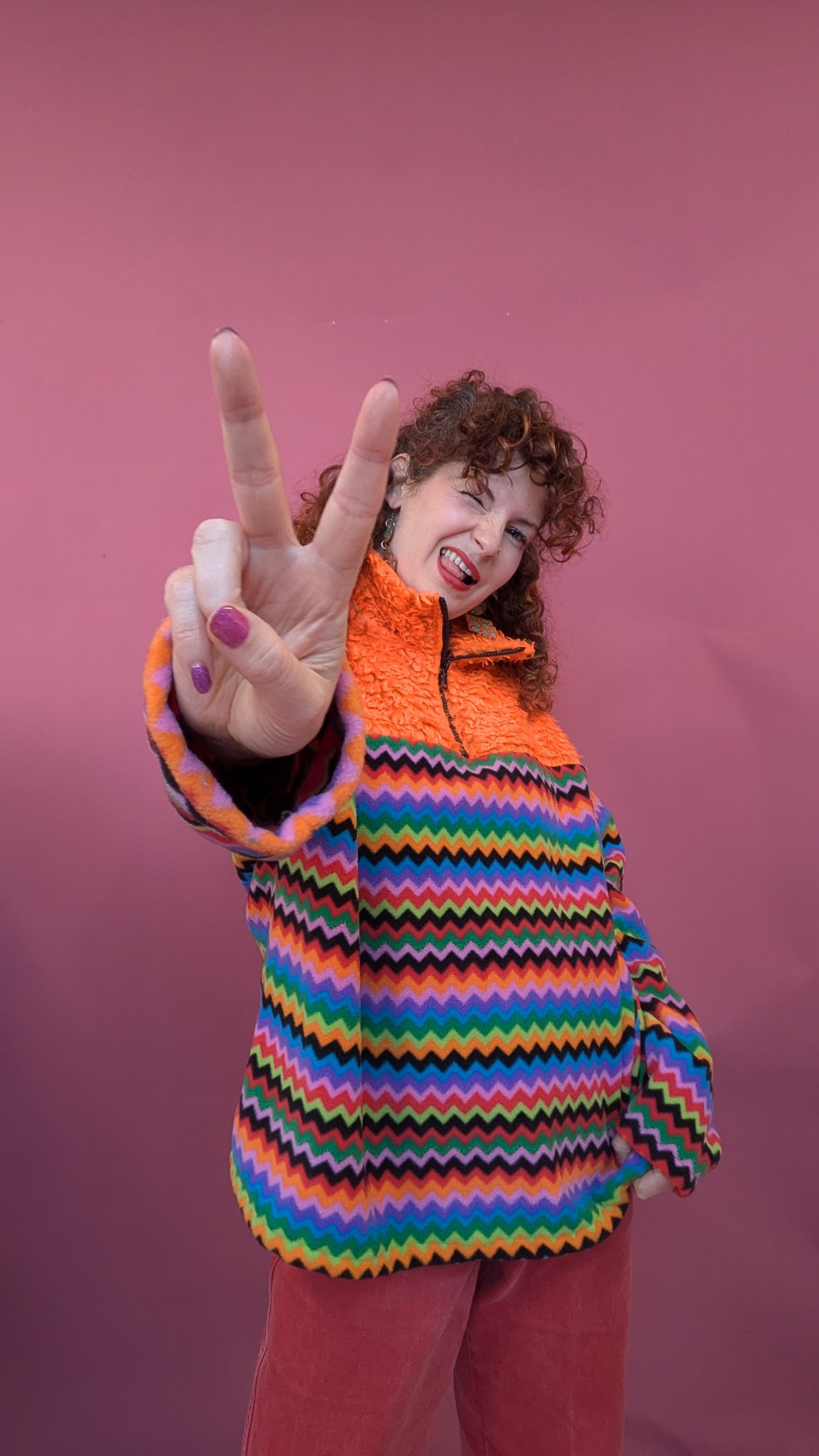 Half Zip Lite in Rainbow Chevron and Orange Teddy