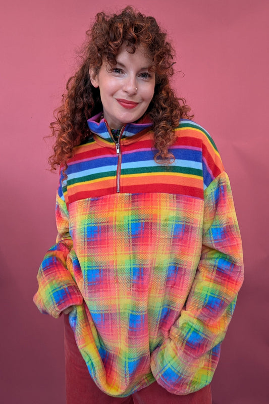 Half Zip Lite in Rainbow Plaid and Rainbow Stripe Fleece