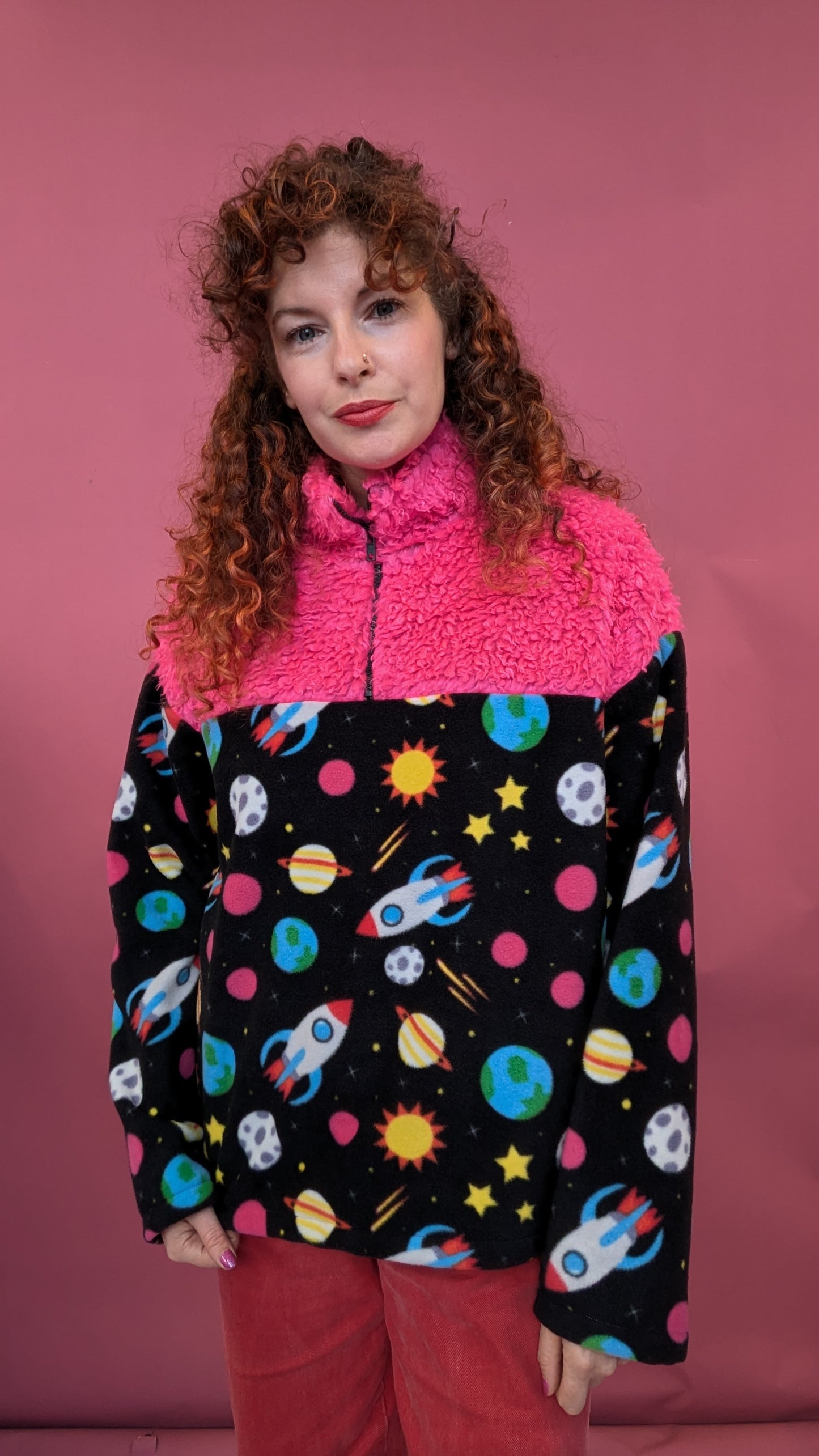 Half Zip Lite in Space Fleece and Pink Teddy