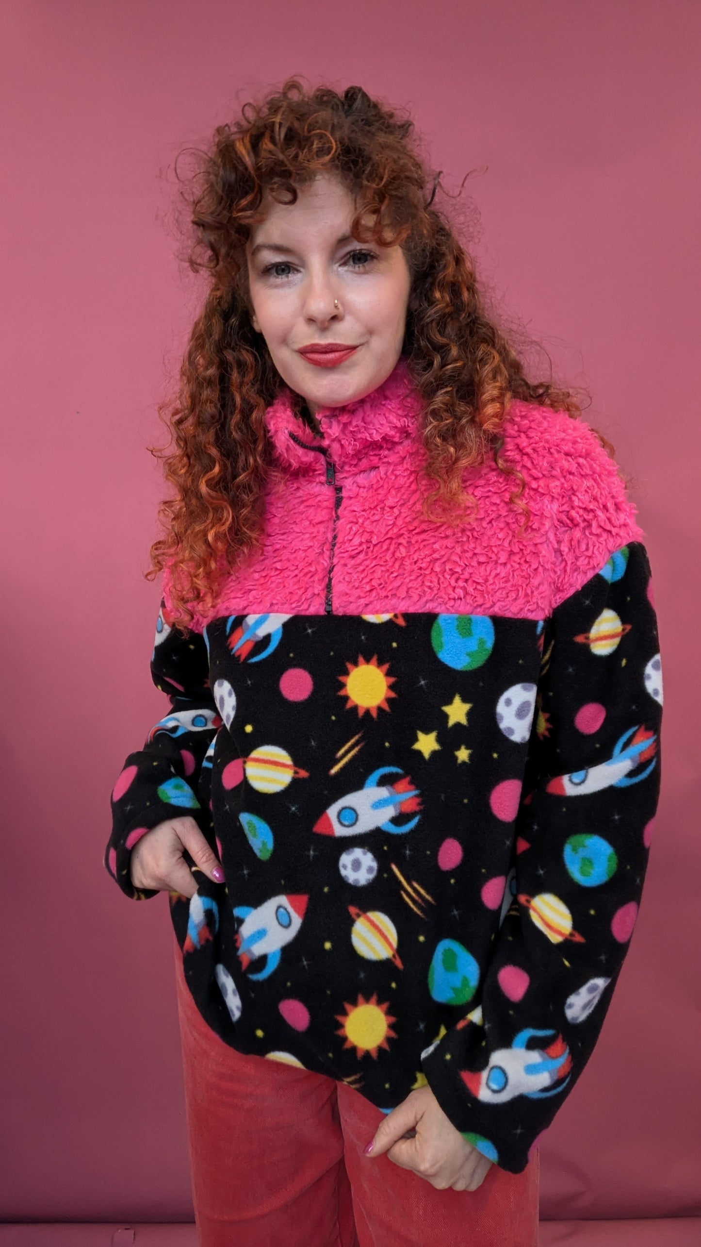 Half Zip Lite in Space Fleece and Pink Teddy