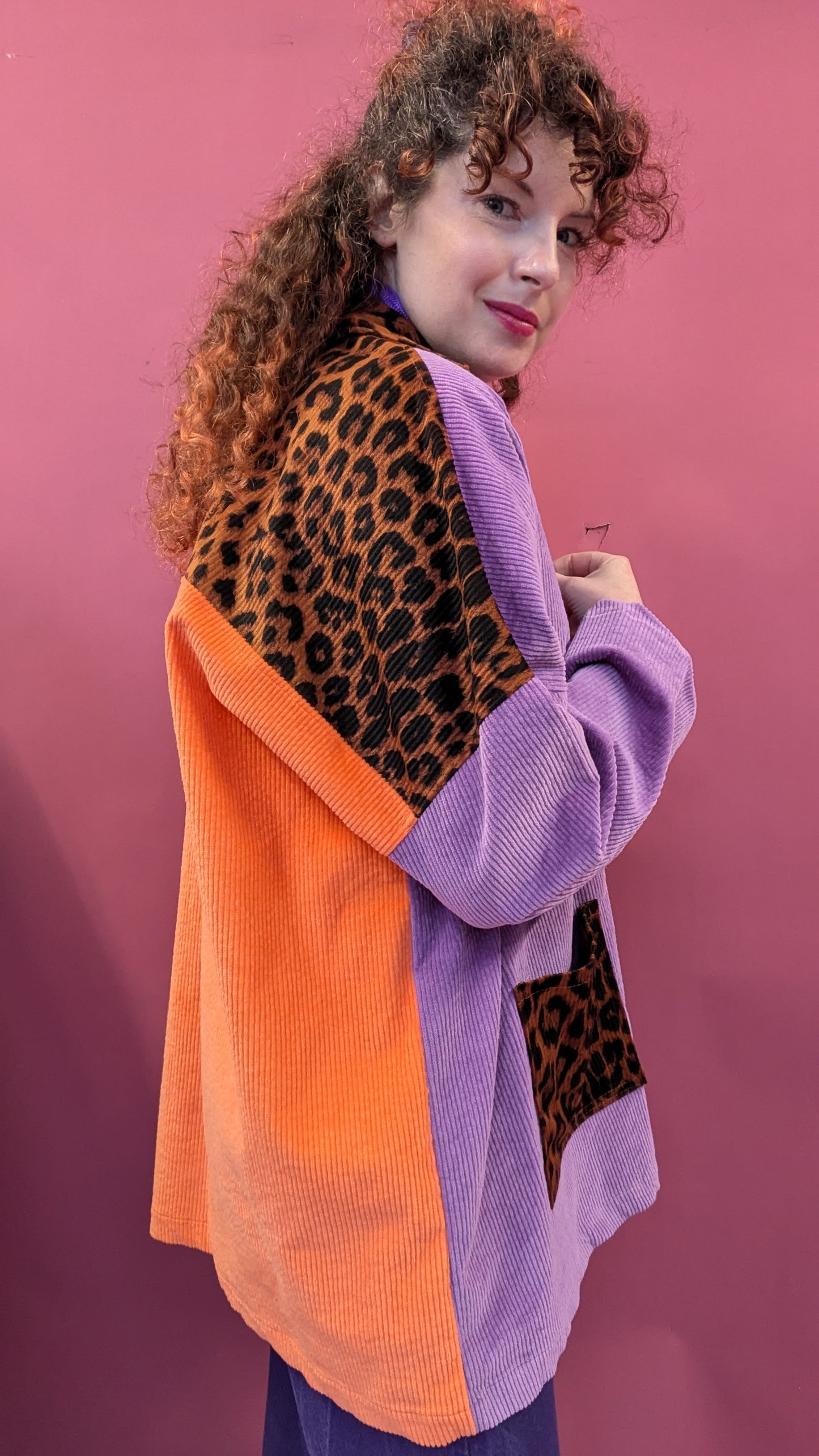 Colour Block Cord Long Chore Jacket in Purple and Leopard