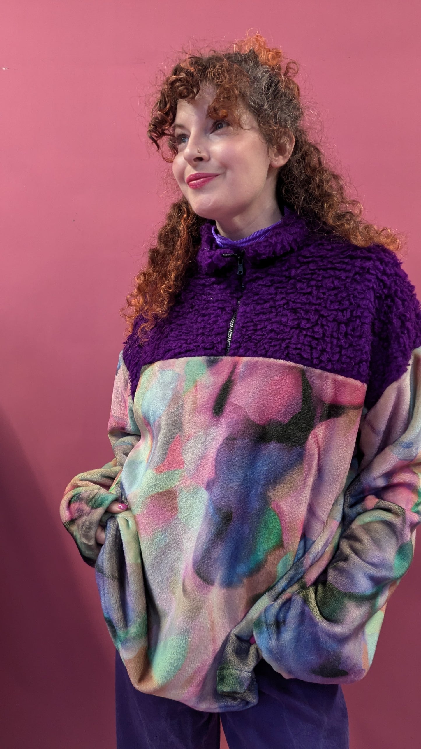 Half Zip Lite in Ink Clouds and Purple Teddy