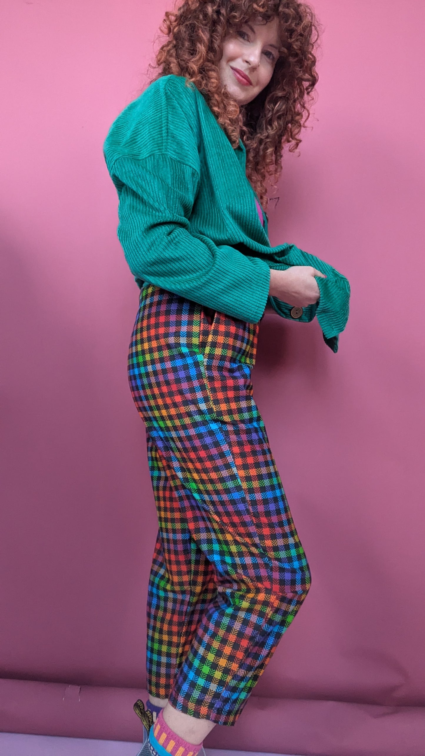 Needlecord Ankle Grazer Trousers in Rainbow Gingham