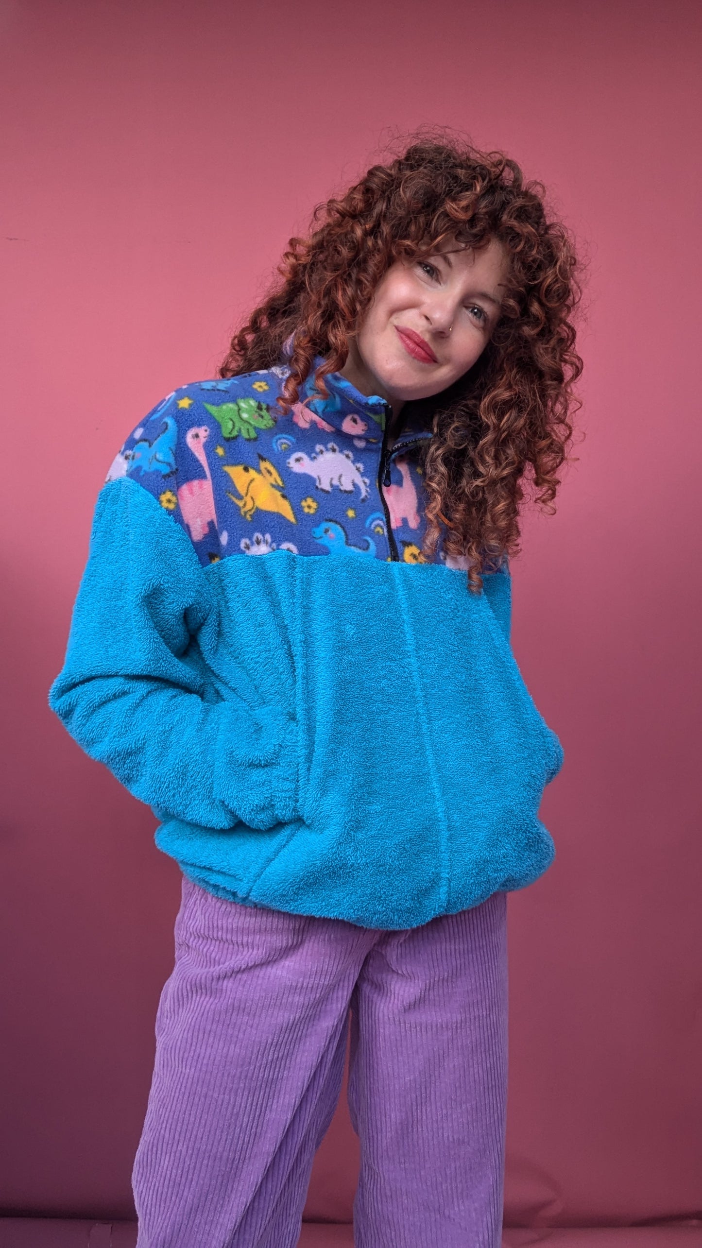 Half-Zip Pullover in Blue Towelling and Dino