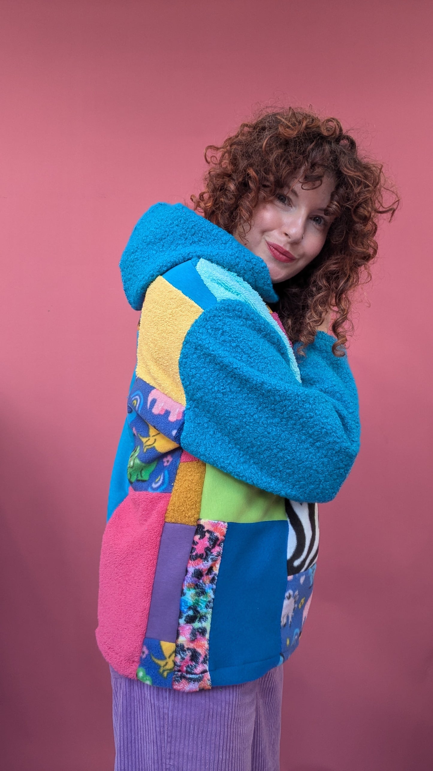 Patchwork and Boucle Hooded Pullover