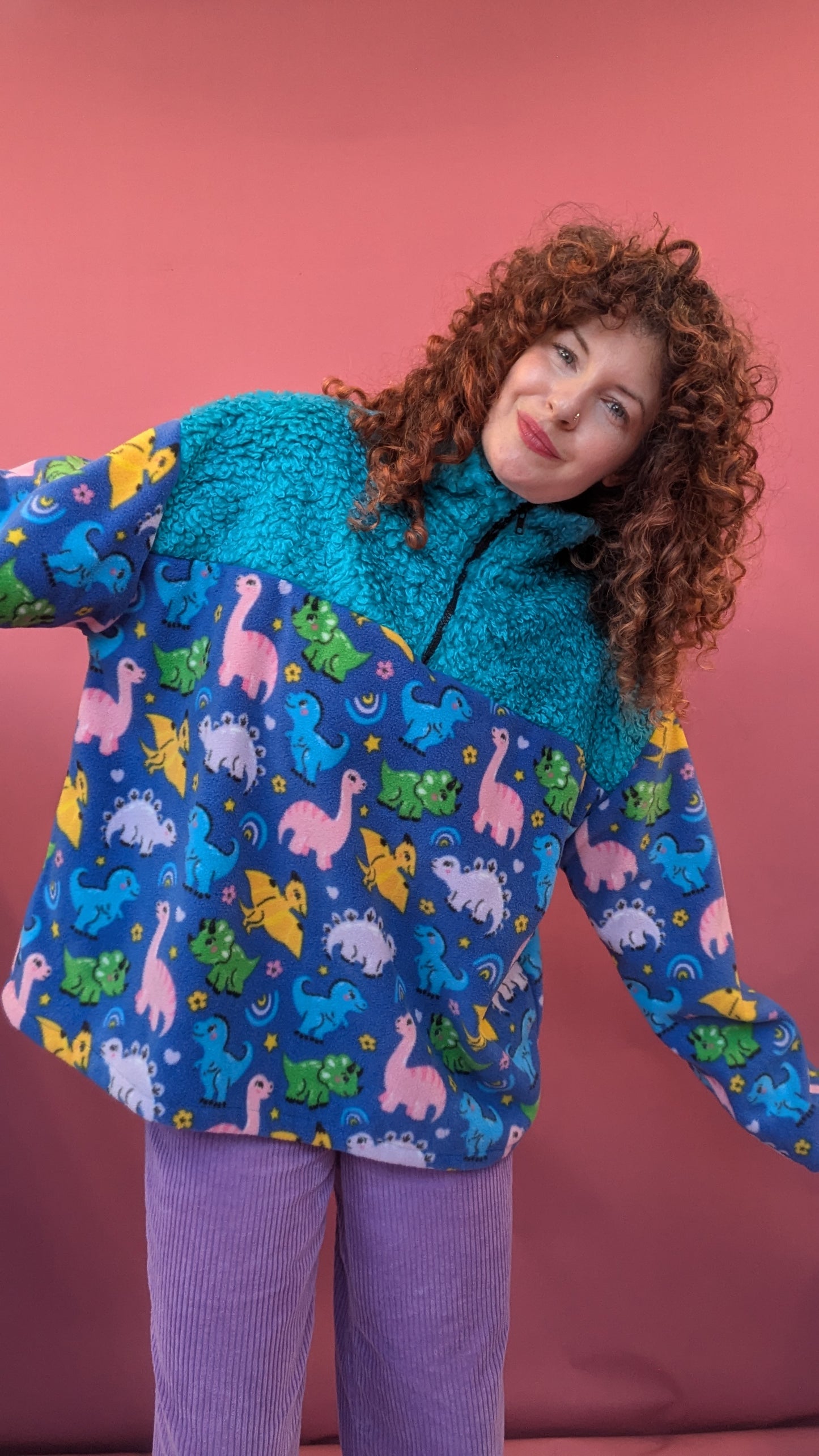 Half Zip Lite in Dino Fleece and Blue Teddy