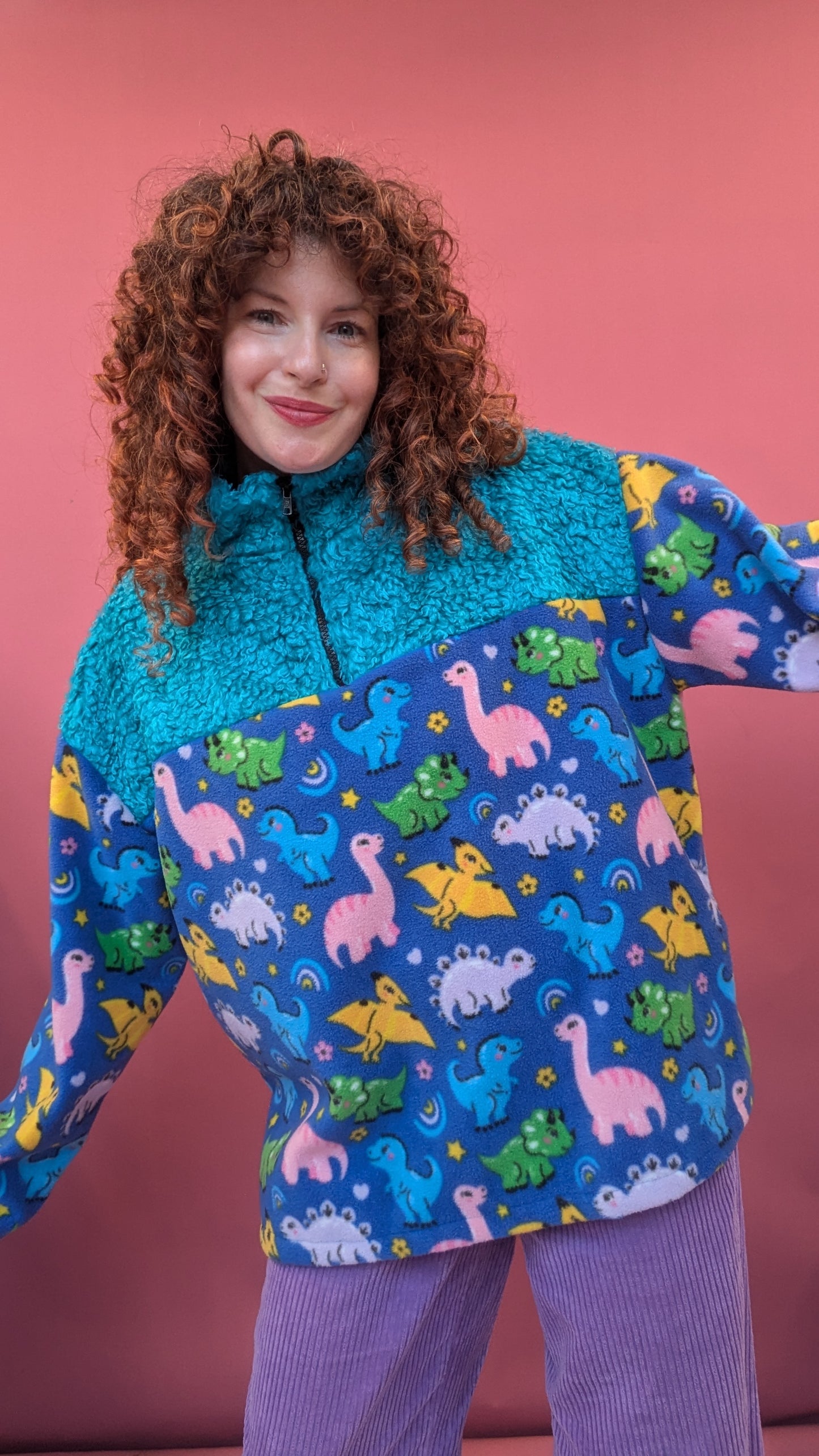 Half Zip Lite in Dino Fleece and Blue Teddy