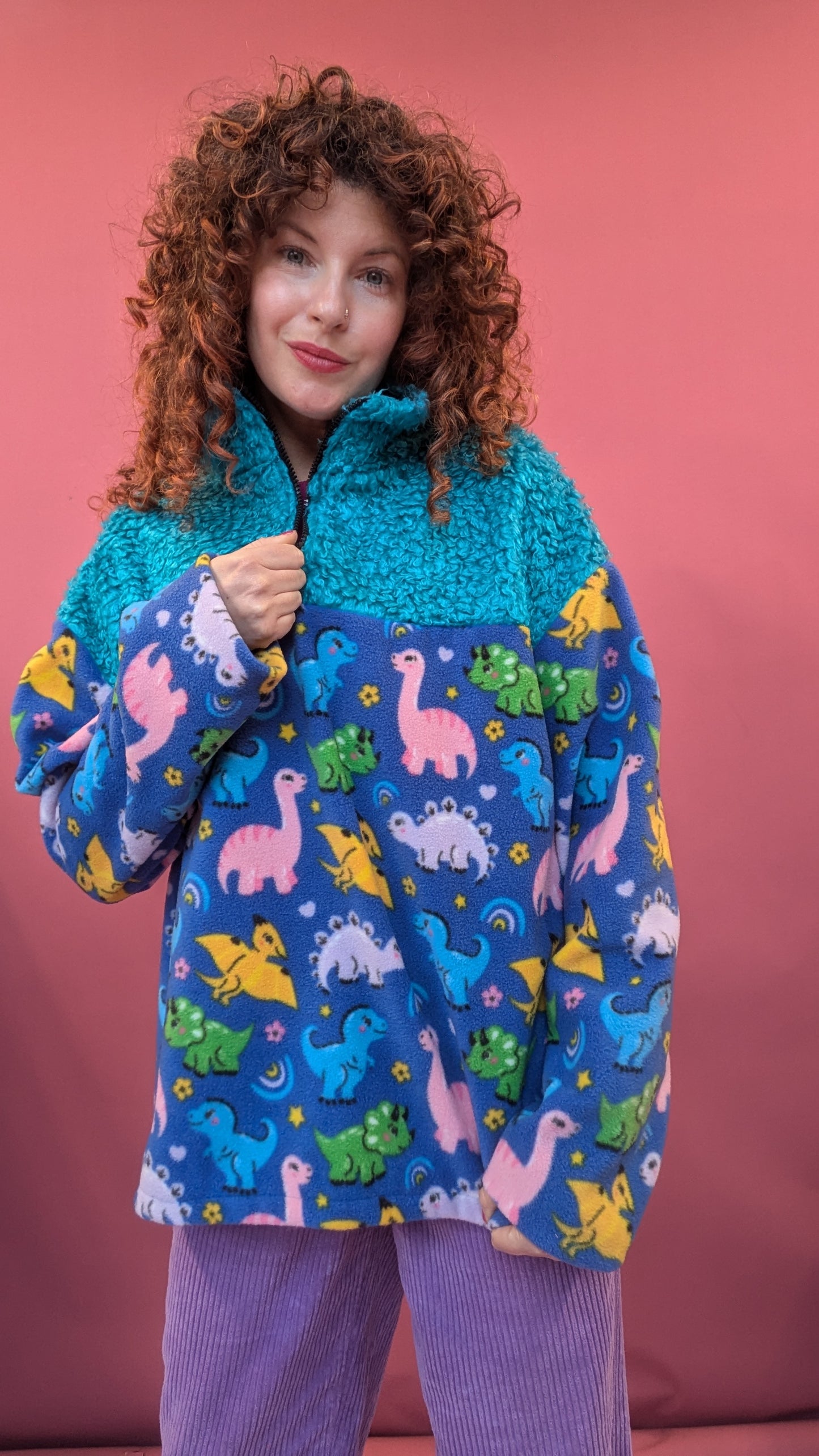 Half Zip Lite in Dino Fleece and Blue Teddy