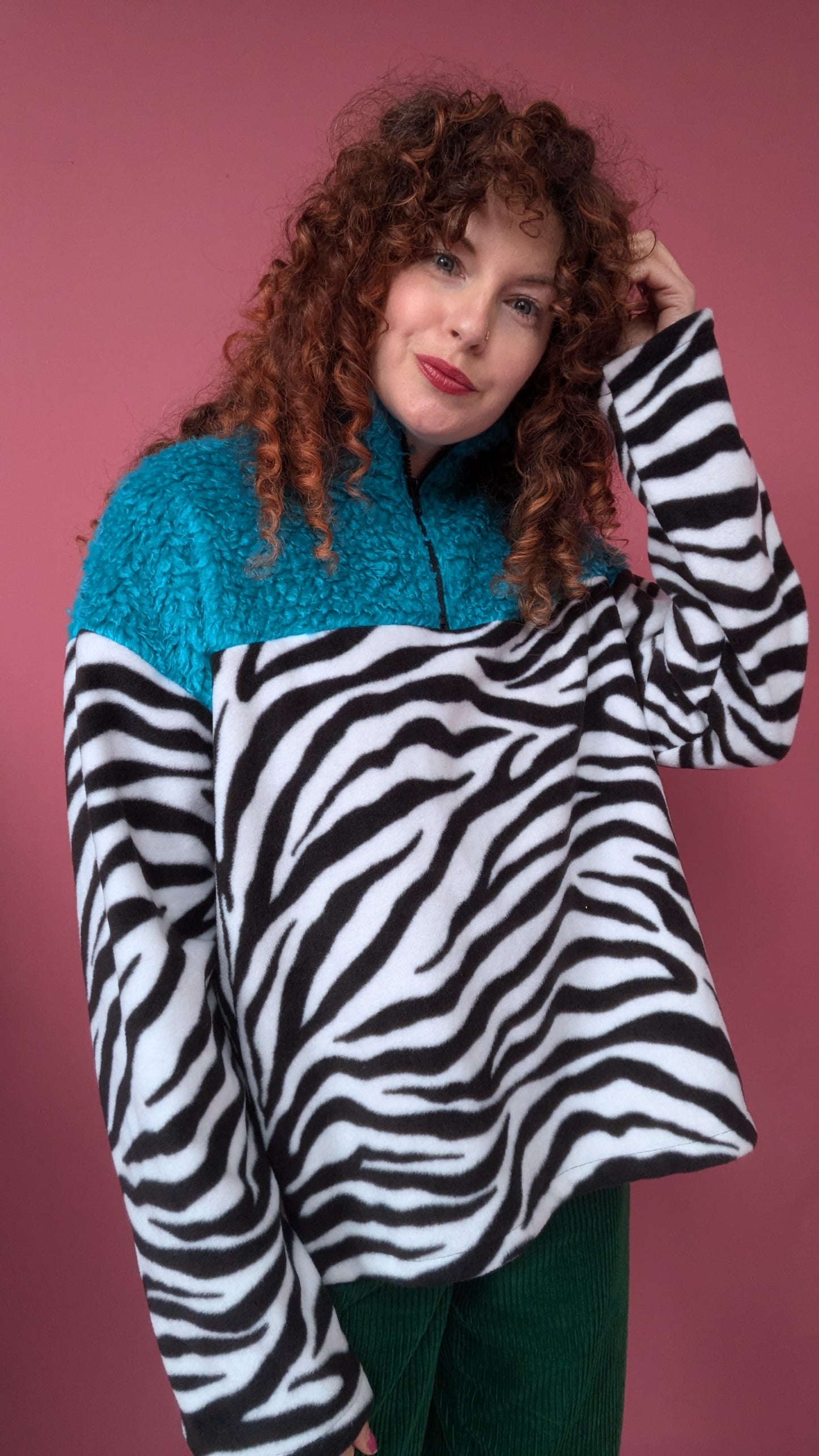 Half Zip Lite in Zebra and Blue Teddy