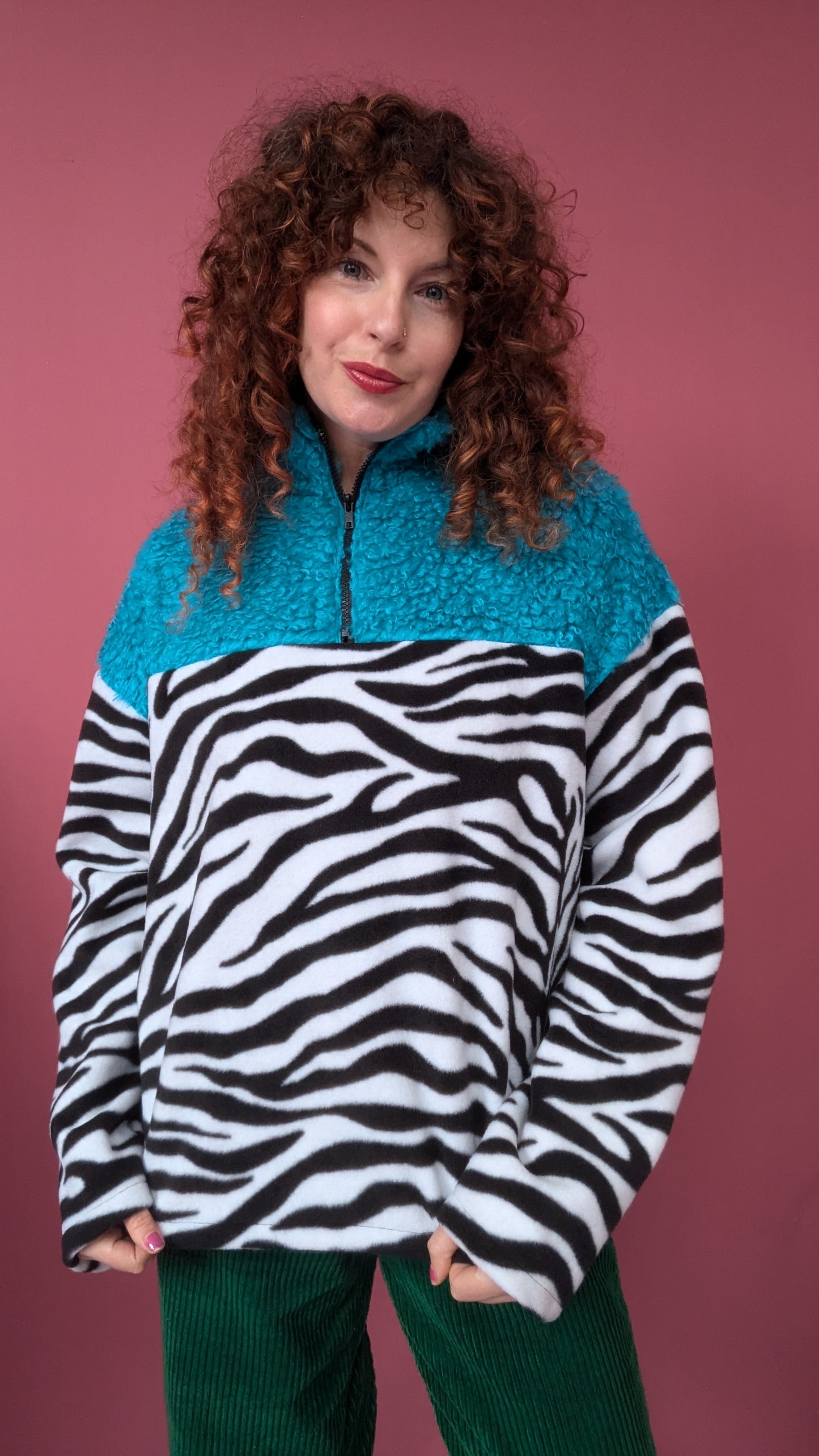 Half Zip Lite in Zebra and Blue Teddy