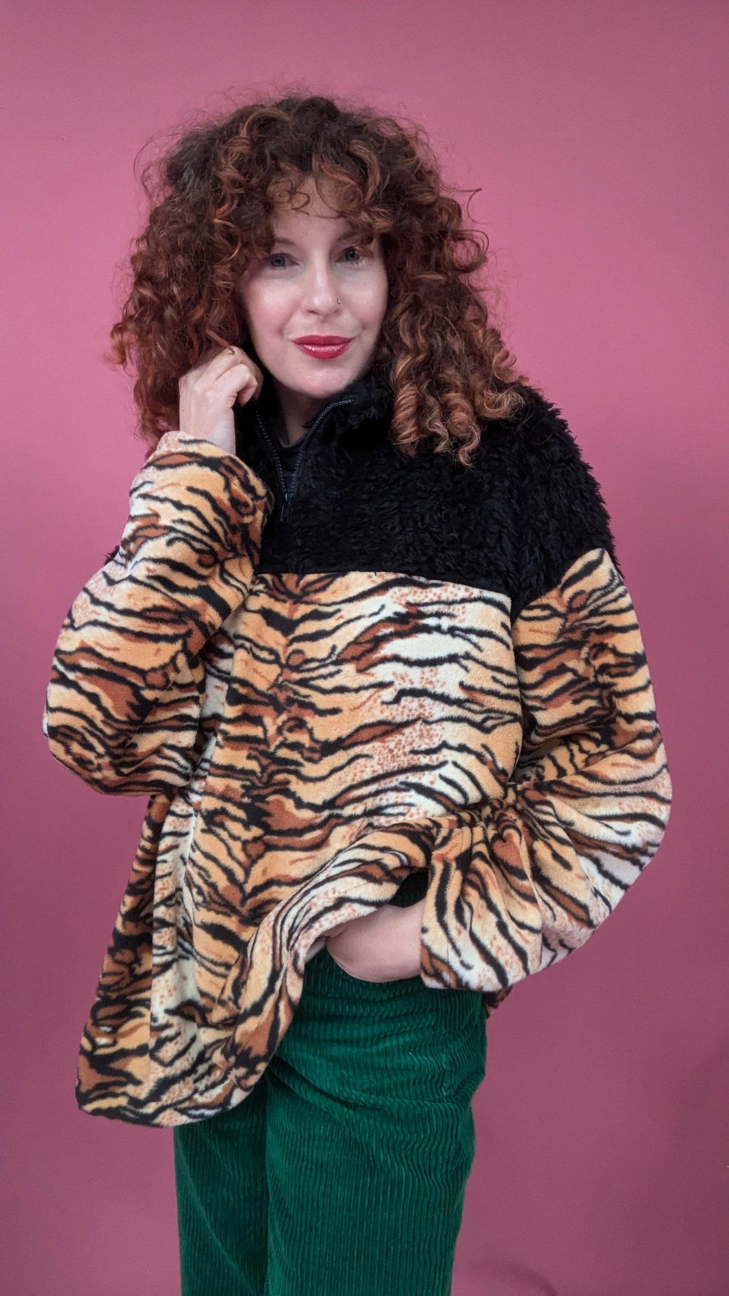 Half Zip Lite in Tiger Fleece with Black Teddy