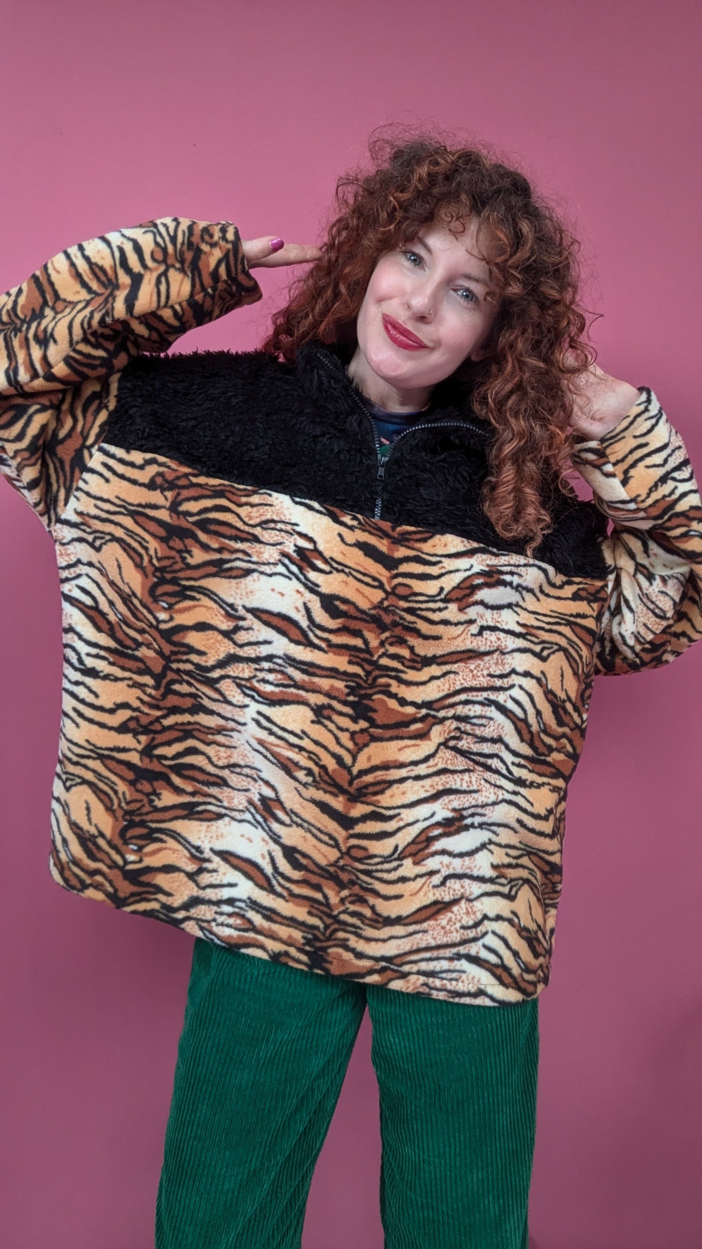 Half Zip Lite in Tiger Fleece with Black Teddy