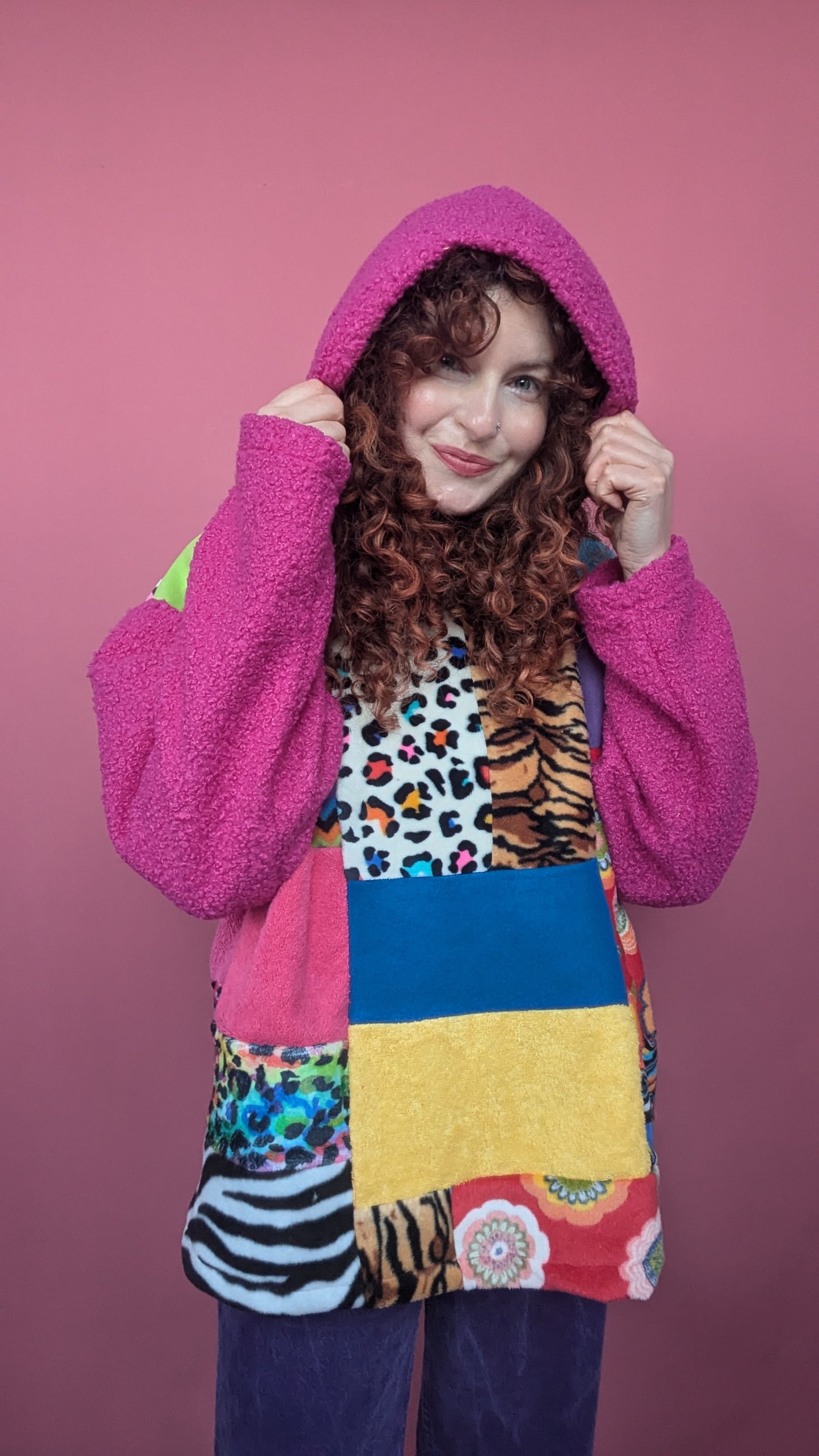 Patchwork and Magenta Boucle Hooded Pullover