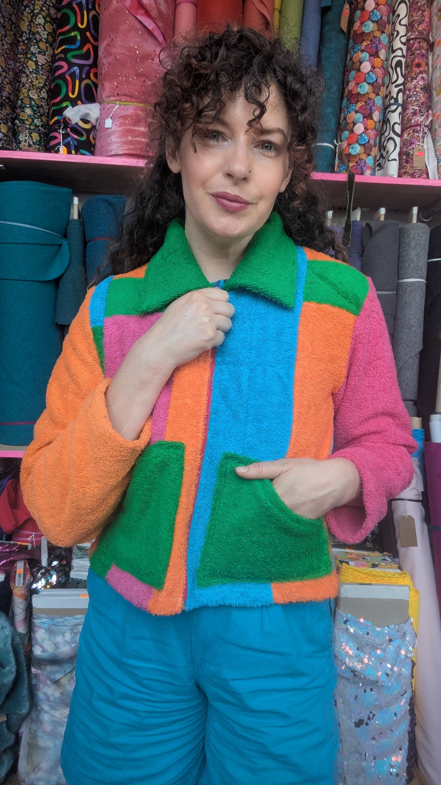 Zip-up Patchwork Box Jacket in Multi Coloured Towelling S