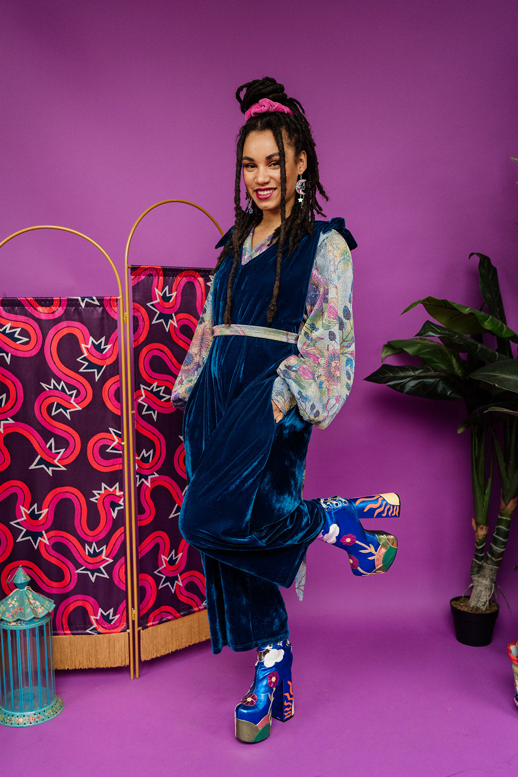 Velvet Dungaree Jumpsuit in Teal