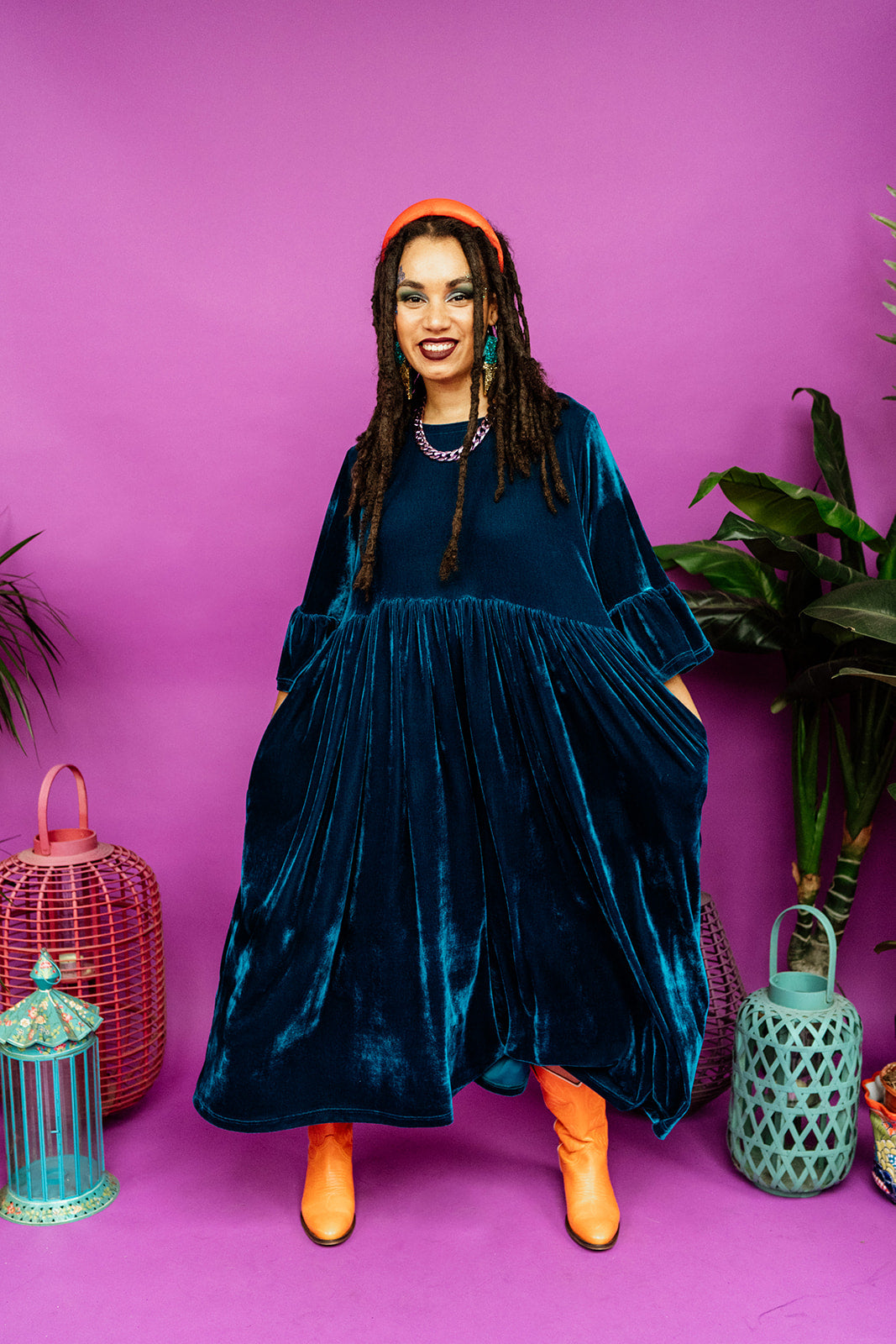 Velvet Ruffle Smock Dress in Teal