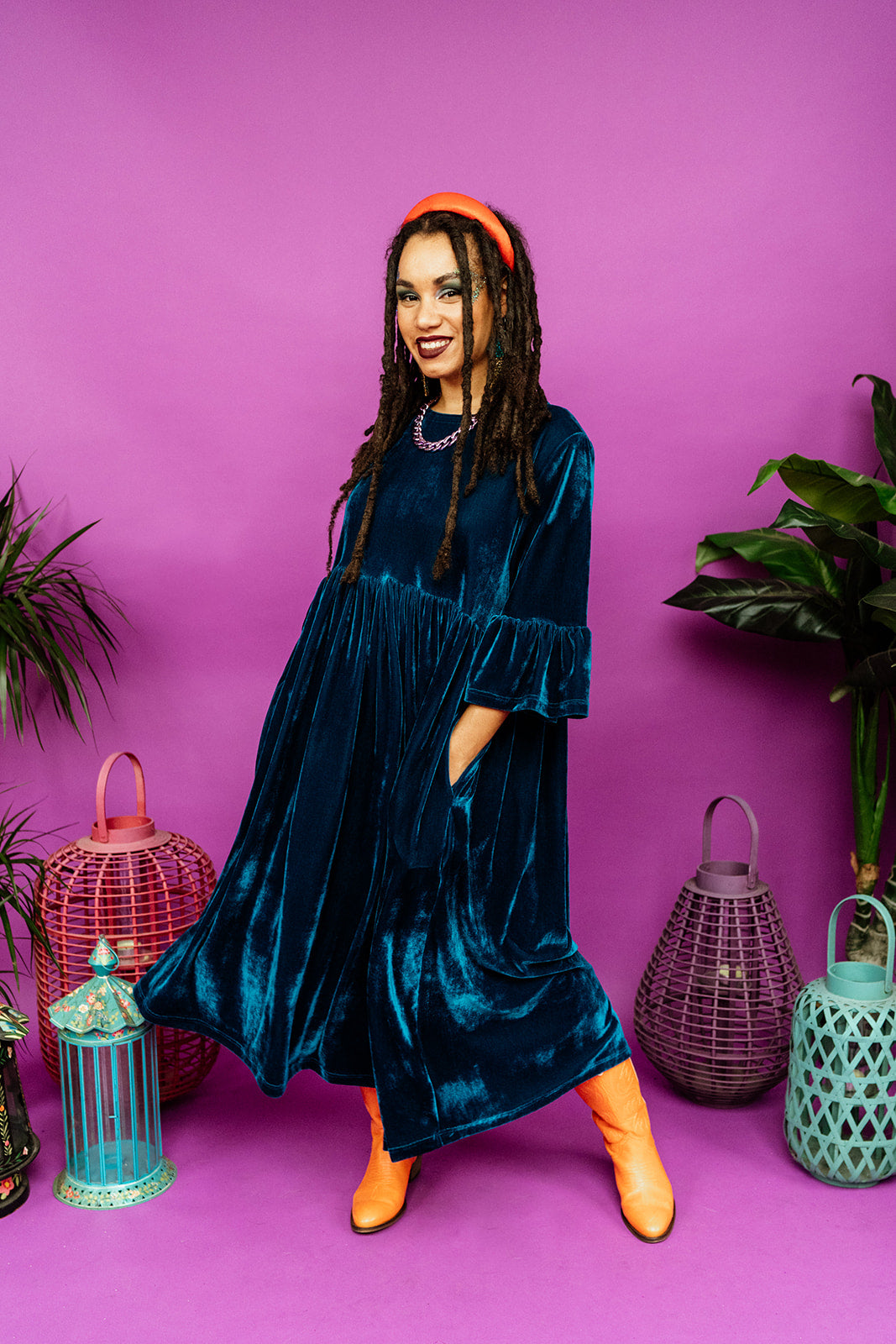 Velvet Ruffle Smock Dress in Teal