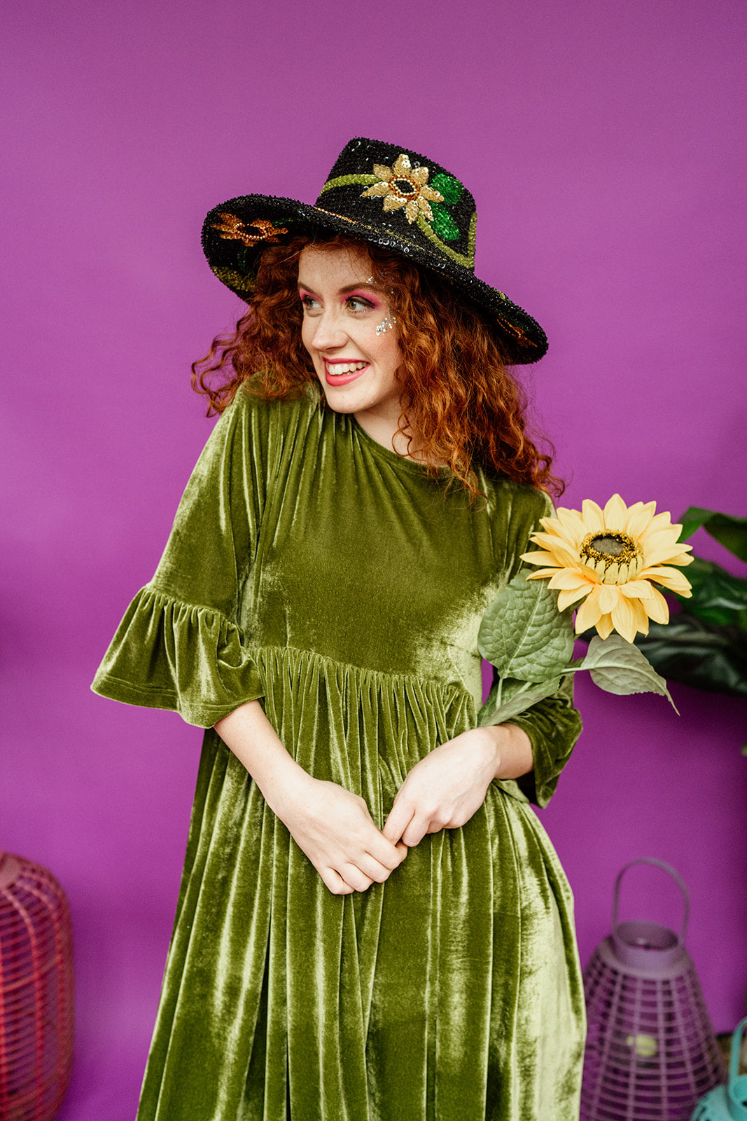 Velvet Ruffle Smock Dress in Olive Green