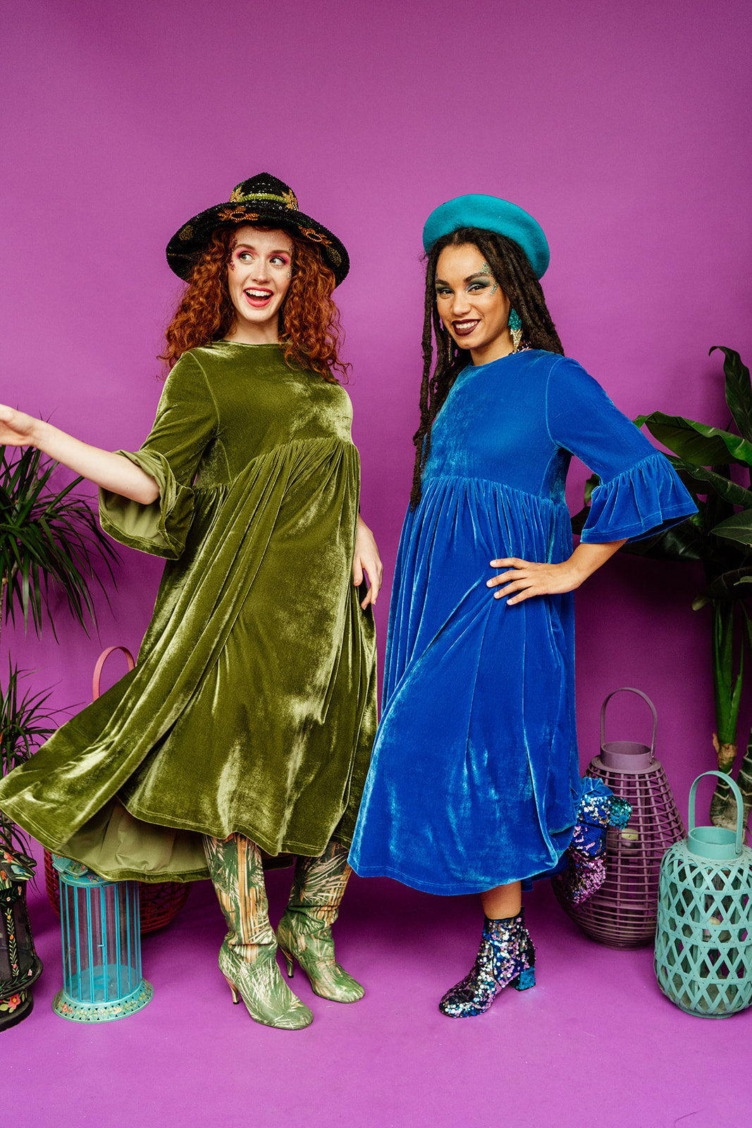 Velvet Ruffle Smock Dress in Olive Green