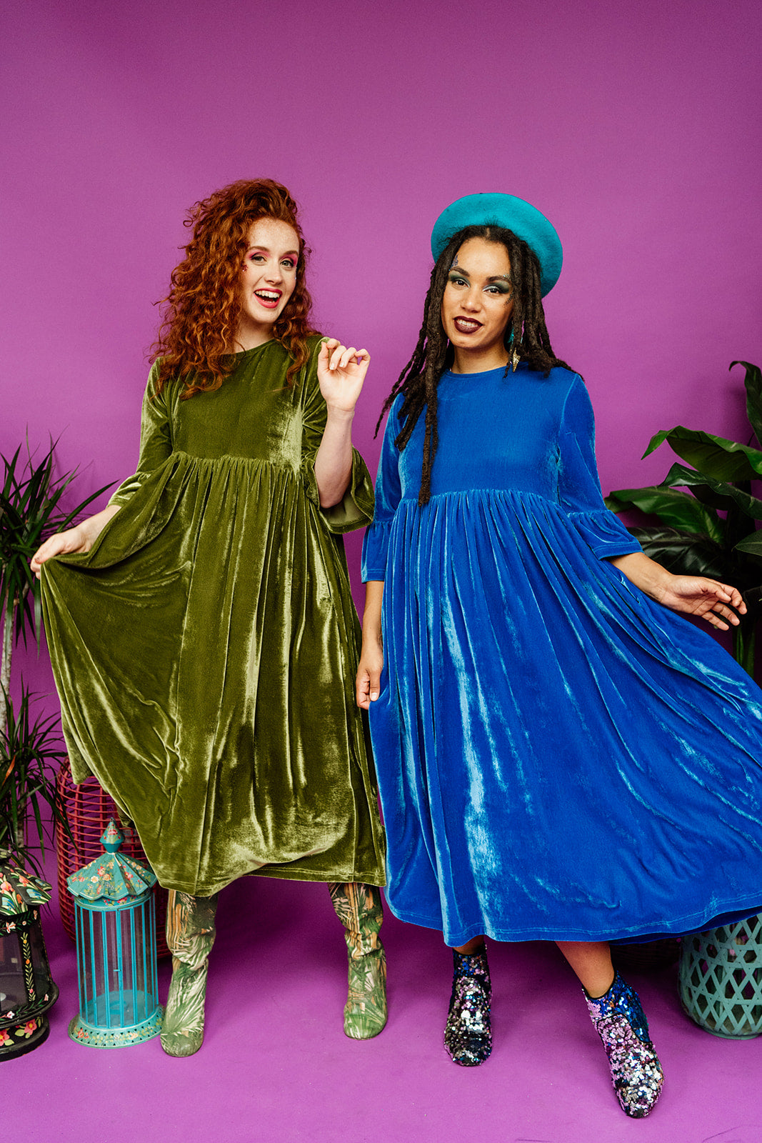 Velvet Ruffle Smock Dress in Cornflower Blue