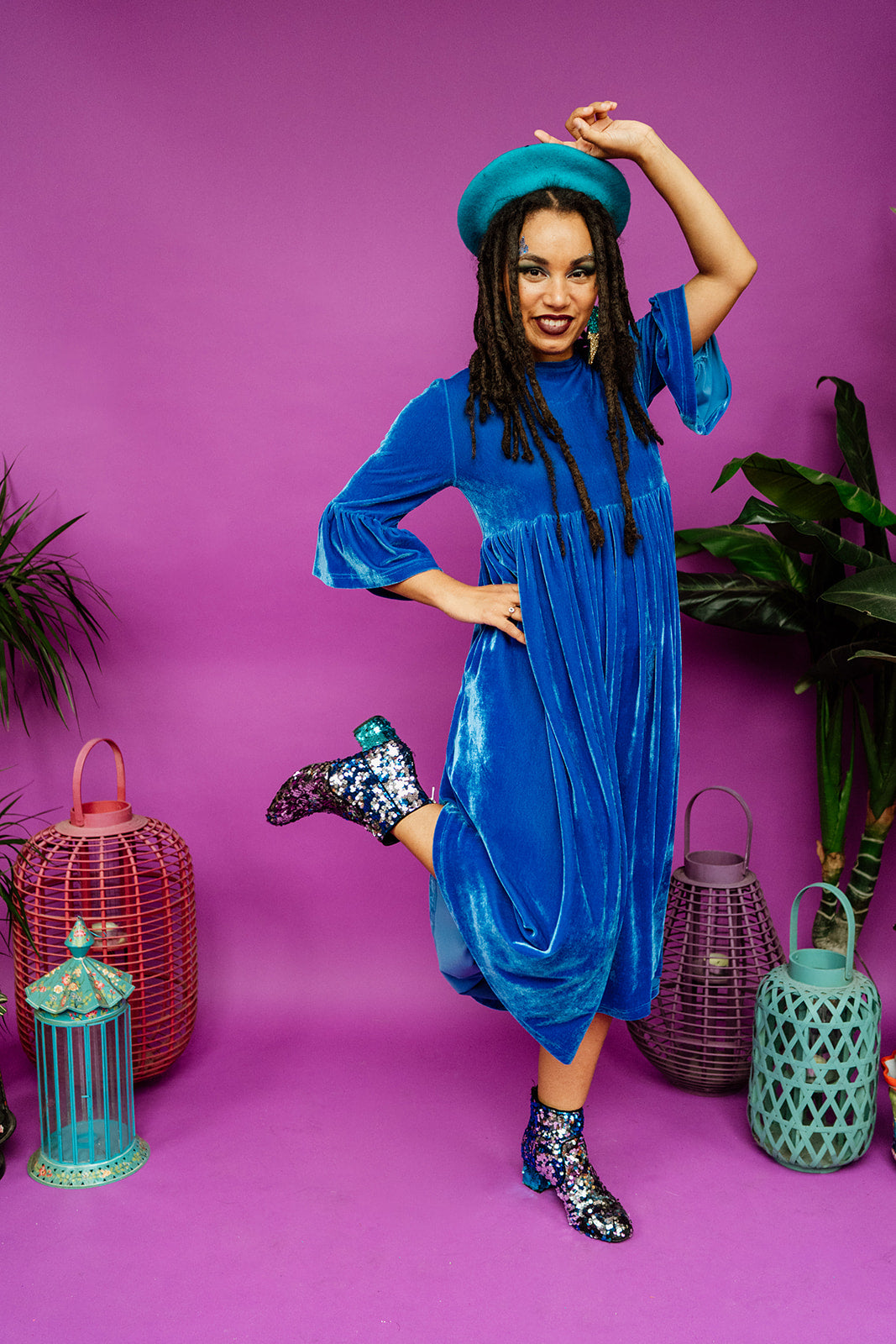 Velvet Ruffle Smock Dress in Cornflower Blue