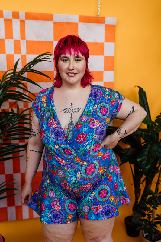 * Cross Front Playsuit in Blue Crochet Print