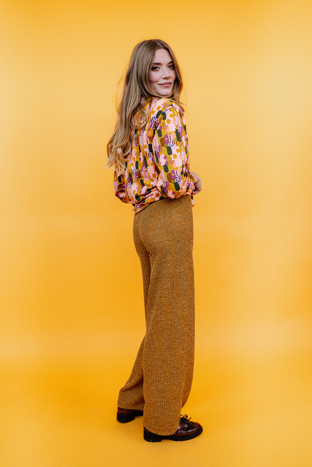 Funnel Neck Pullover in Mustard Abstract Paint