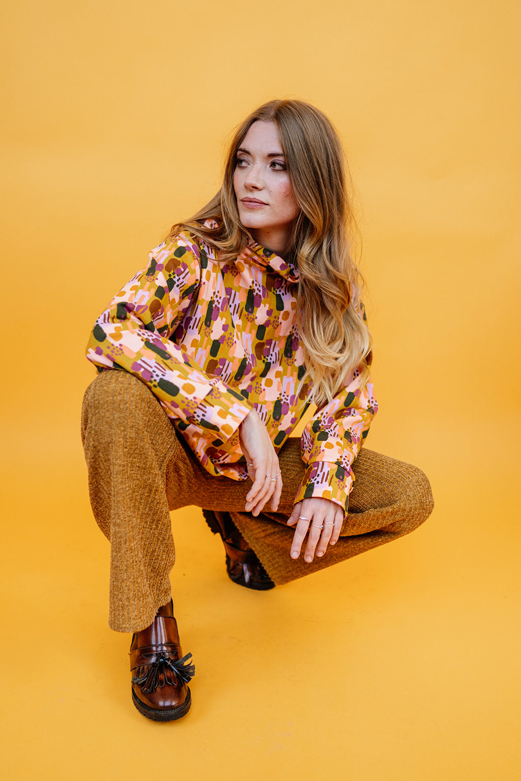 Funnel Neck Pullover in Mustard Abstract Paint
