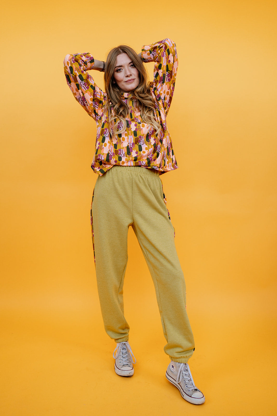 Funnel Neck Pullover in Mustard Abstract Paint
