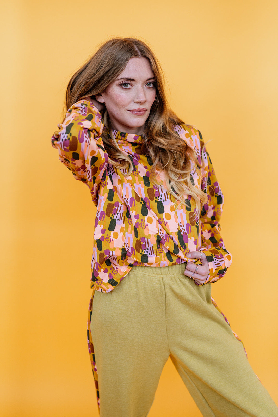 Funnel Neck Pullover in Mustard Abstract Paint