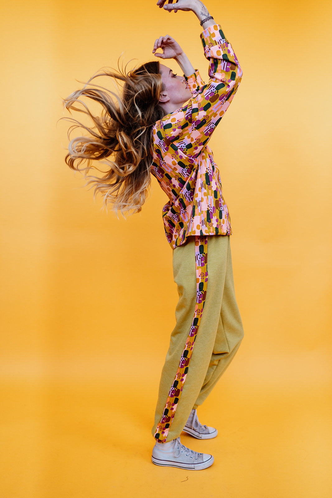 Funnel Neck Pullover in Mustard Abstract Paint
